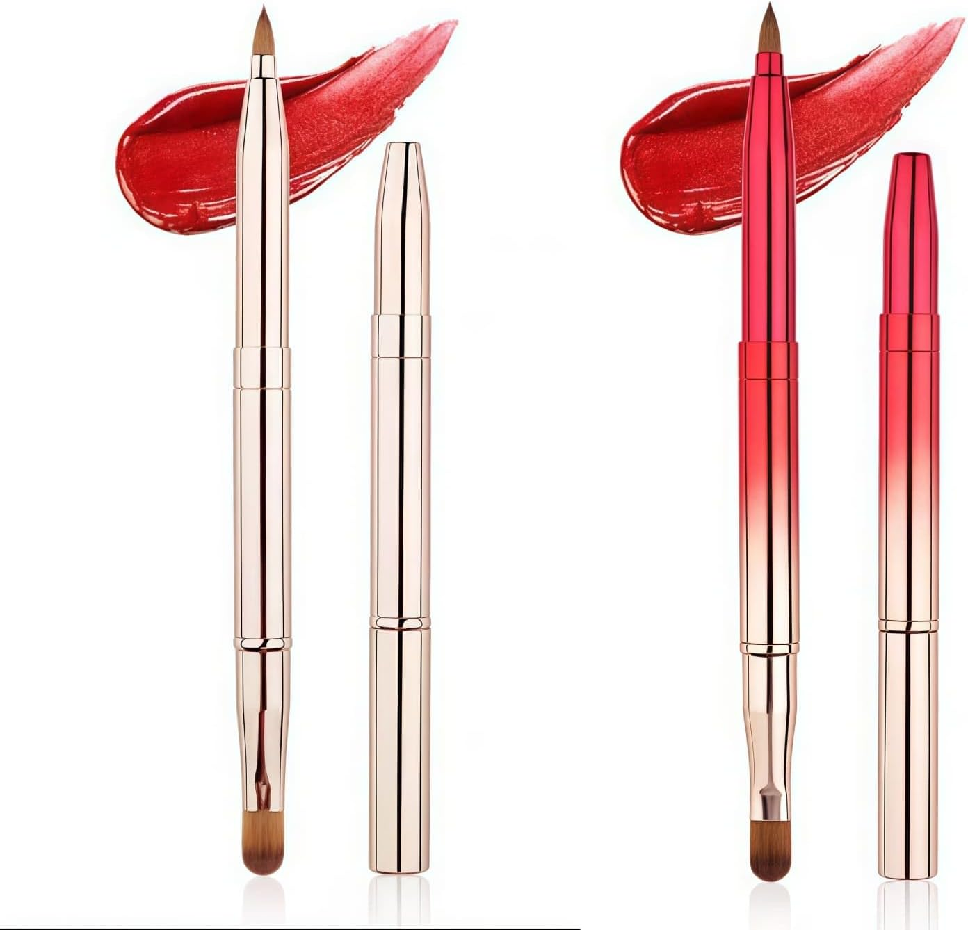 2 Pcs Retractable Double Ended Lip Brush with Cap for Lipstick Lip Gloss Liner Professional Travel Makeup Brush Applicator