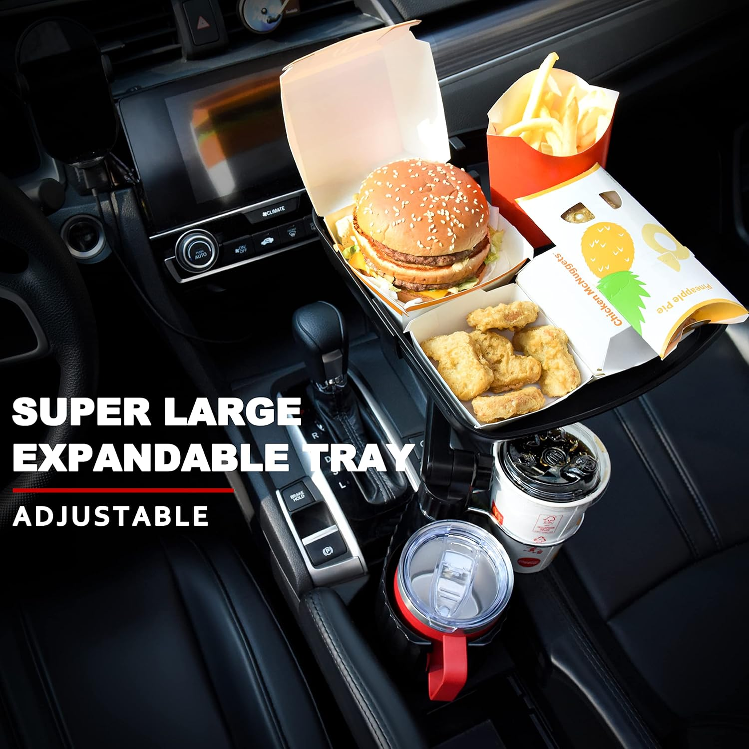 Expandable Car Food Table Tray - 3 in 1 Cup Holder Expander, Fits 12-40 Oz - Road Trip Essentials, Car Travel Accessories image number 2