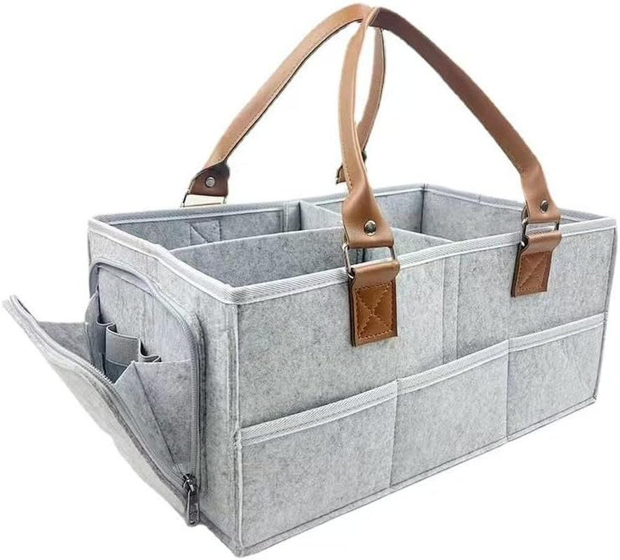 LEHEGONGBA Diaper Caddy Organizer Large Size 38X26X18Cm Baby Nappy Caddy Premium Leather Handles Multi Pocket Grey Nursery Storage Portable Baby Essentials Tote Bag image number 4