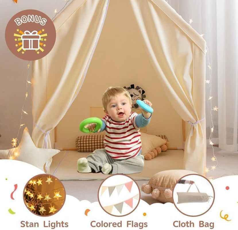 Large Kids Play Tent with Mat, Play Tent Indoor with Star Lights and Windows, Playhouse for Boys and Girls Aged 3+, Kid Tent Washable (With Mat) image number 1