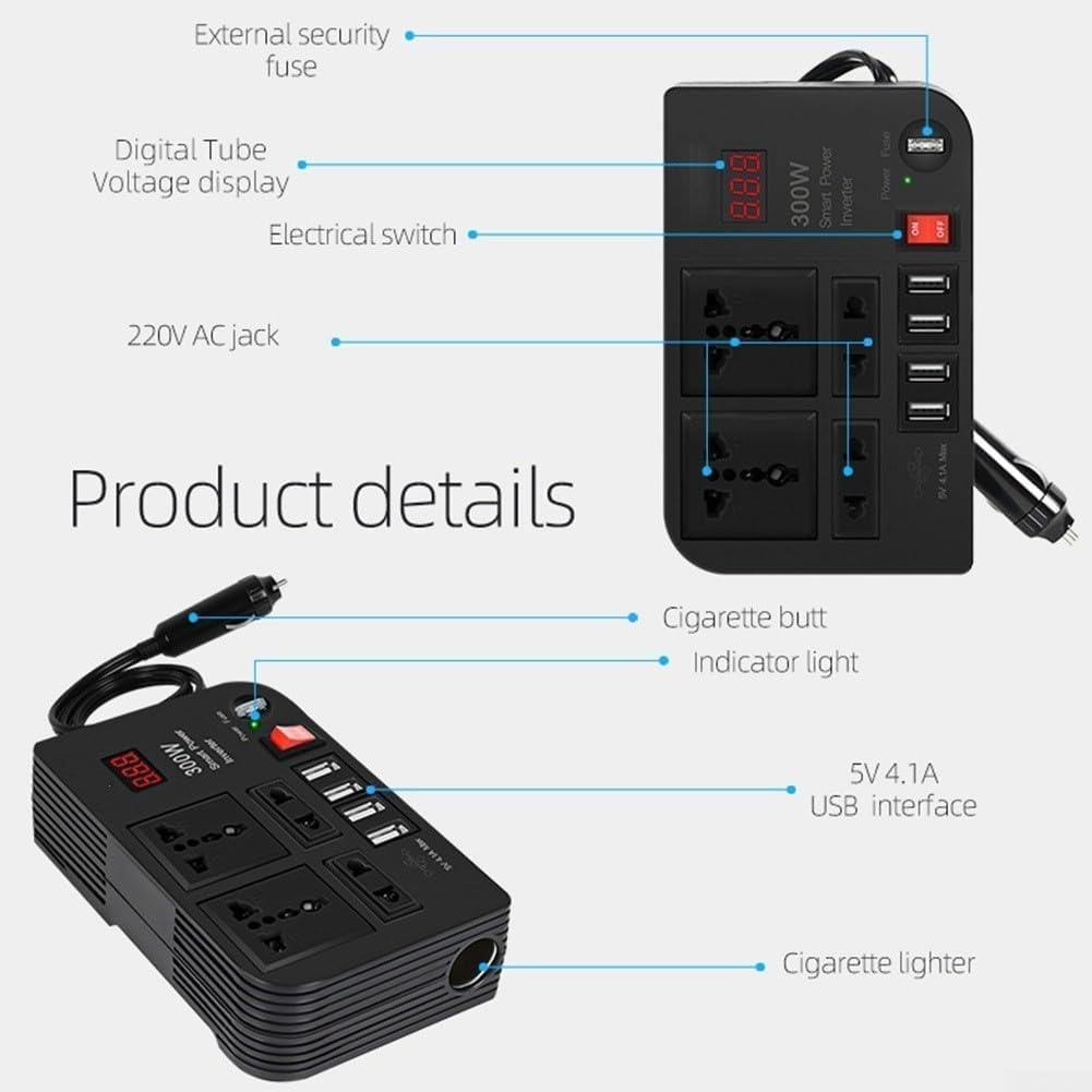 Car Power Inverter,Pure Sine Wave Inverter,300W Car Inverter DC 12V to AC 220V Converter Outlets 4 USB Fast Charging Socket,Suitable for Car,Black image number 2