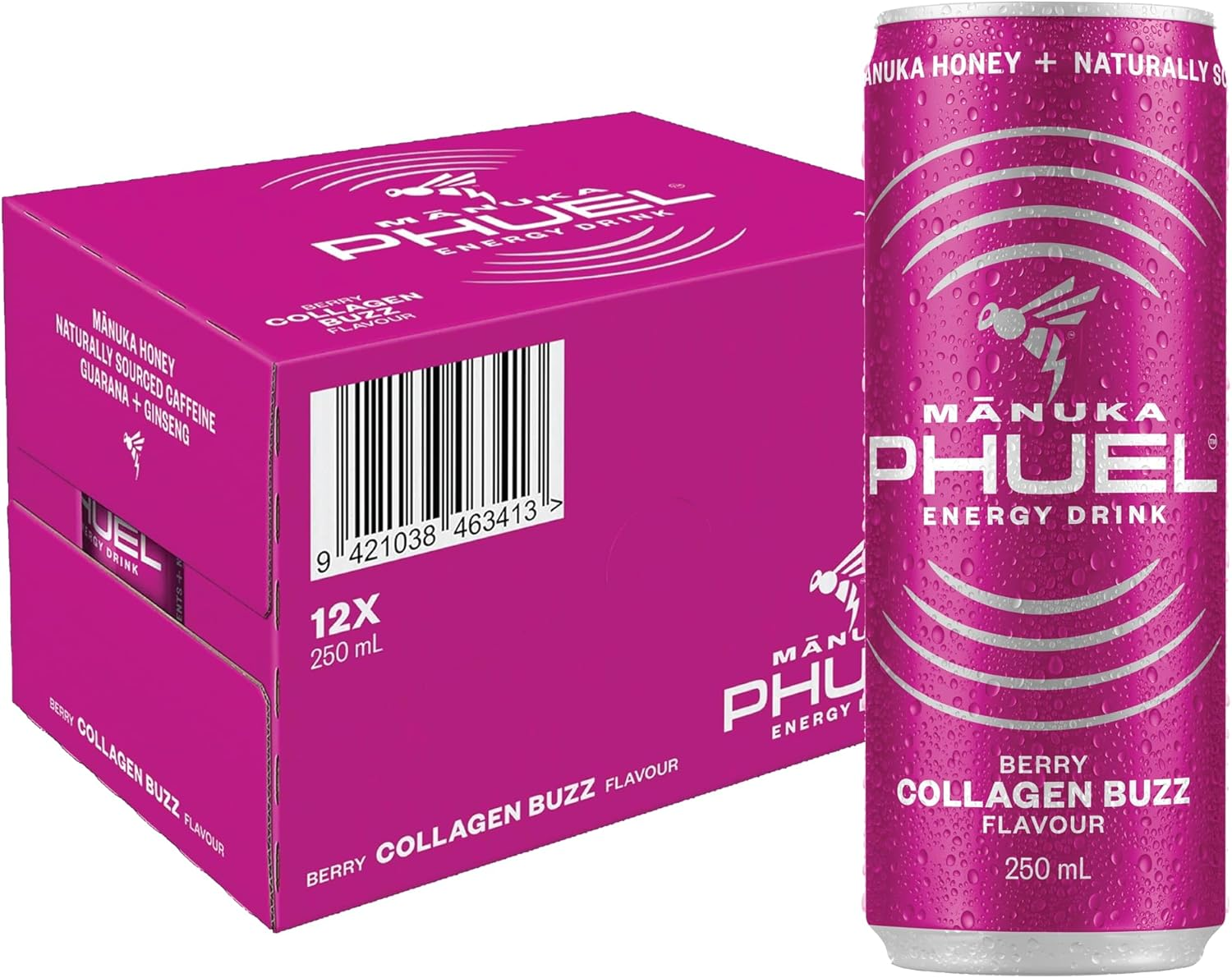 Manuka Phuel 100% Natural Energy Drink (250Ml X 12 Pack) with Marine Collagen - NO Synthetic Aftertaste - Powered by Guarana, Ginseng, Natural Caffeine, & Manuka Honey &ndash; Berry Collagen Buzz Flavour image number 6