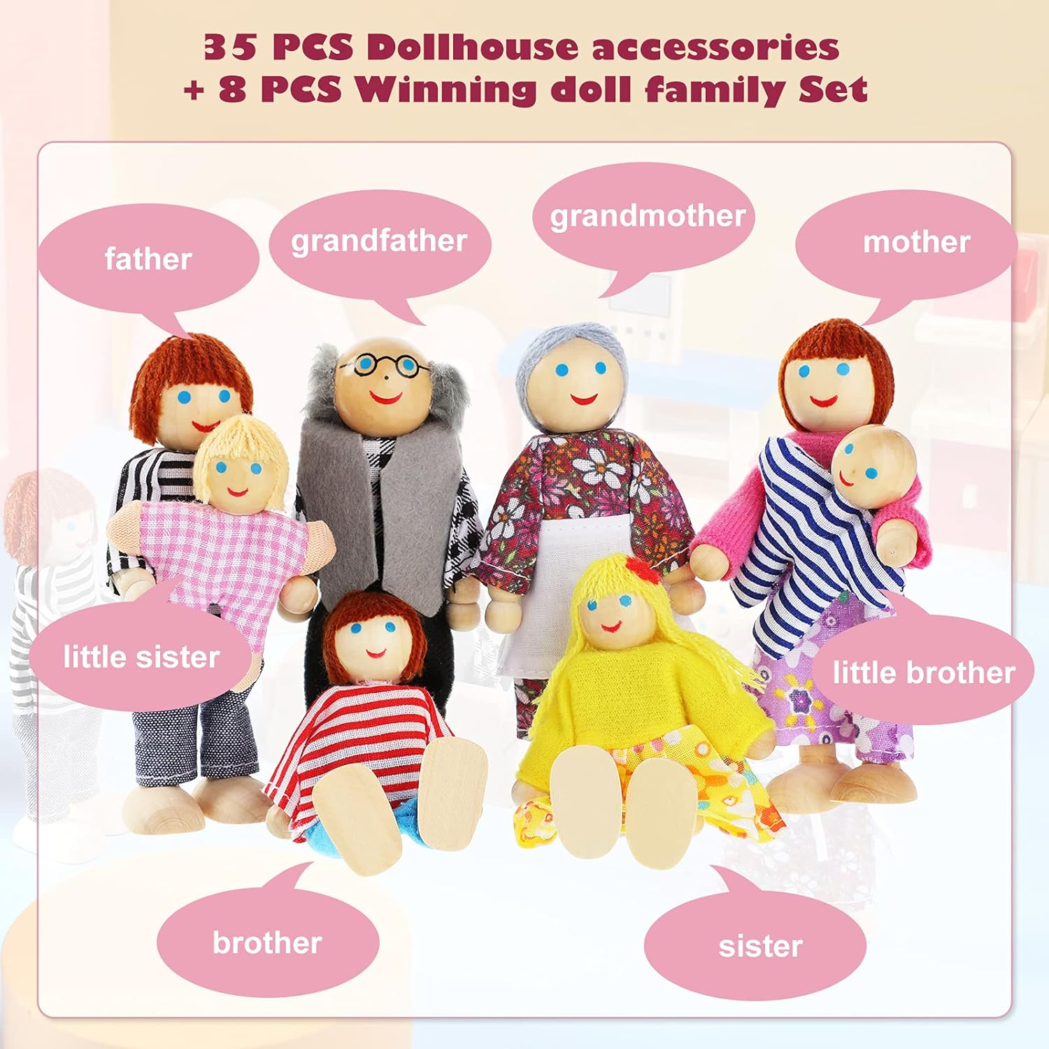 Wooden Dollhouse Furniture Doll House Furnishings with 8 Pieces Winning Doll Family Set, Dollhouse Accessories for Boys Girls Miniature Dollhouse, Family Figures Imaginative Play Toy (Classic Style) image number 6