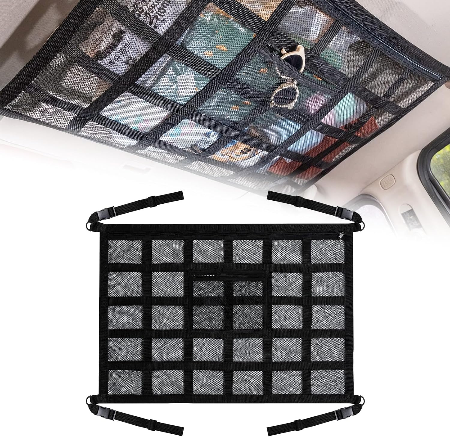 Car Ceiling Cargo Net Pocket, 78 * 53Cm, Adjustable Double-Layer Mesh SUV Roof Organizer, NO Sagging Roof Cargo Net Organizer for SUV, Van Life Accessories image number 4