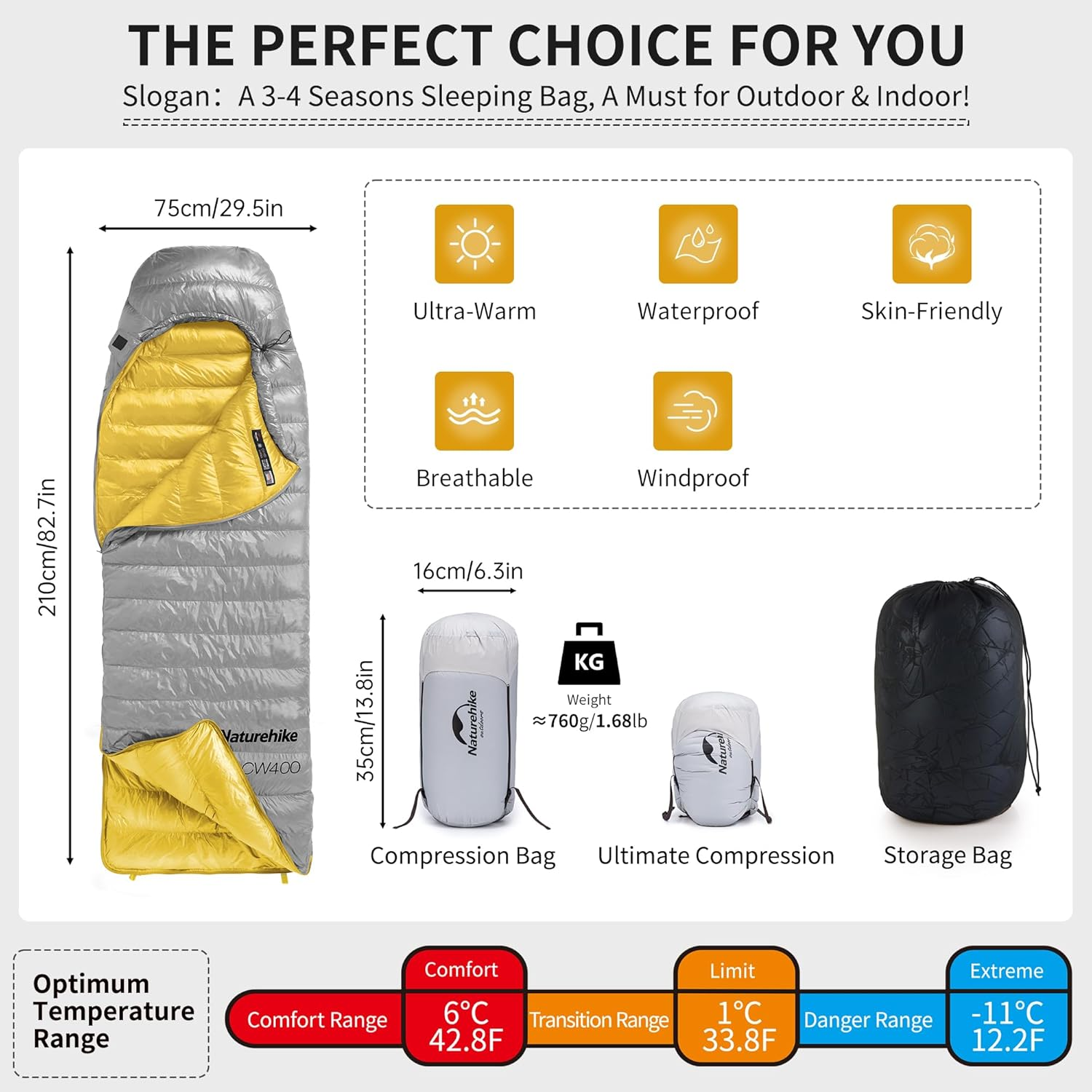 Naturehike down Sleeping Bag Ultralight Portable Compact Winter Sleeping Bag for Adults and Children Outdoor Camping, Hiking and Traveling