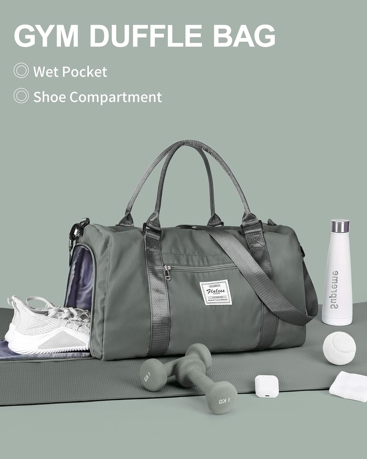 Gym Bag, with Shoes Compartment and Wet Pocket Travel, Waterproof, Duffel Bag, Gym Tote Bag, for Swimming, Yoga, Weekend Overnight Bag, Carry on Bag, Hospital Holdalls, for Womens Mens (Green) image number 1