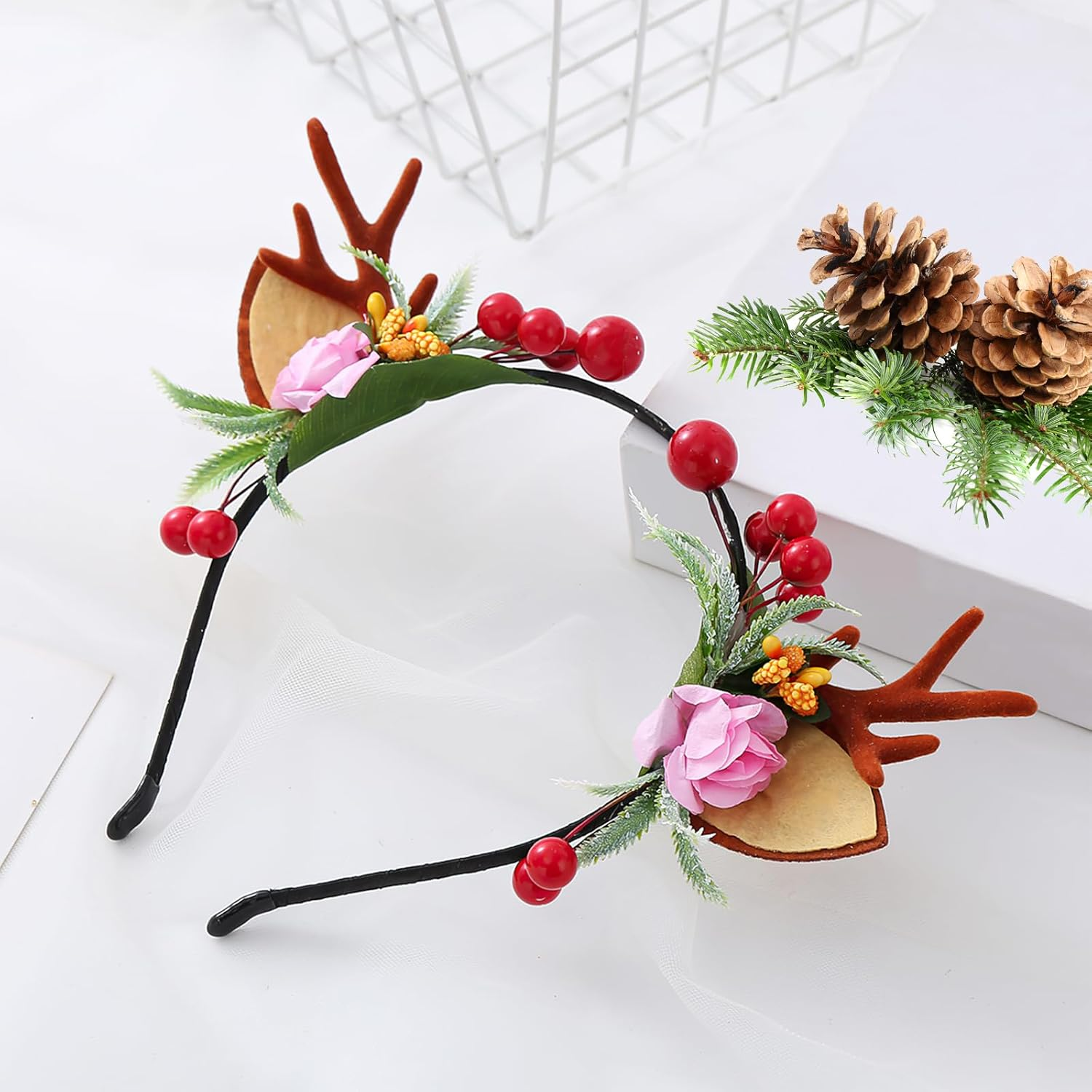 Christmas Antlers Headband, Reindeer Ears Headband, Antlers Floral Hair Band for Christmas Party, Christmas Hair Band, Christmas Party Headpiece for Women Girls, Christmas Party Festival image number 1