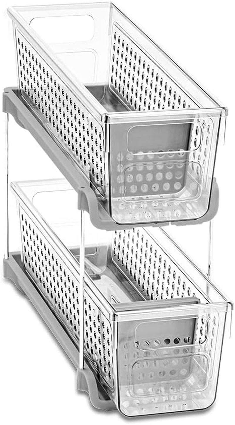 Madesmart Antimicrobial 2-Tier Mini Organizer Multi-Purpose Slide-Out Storage with Handles and Dividers for Home and Bath, Premiumfrost, Pack of 1
