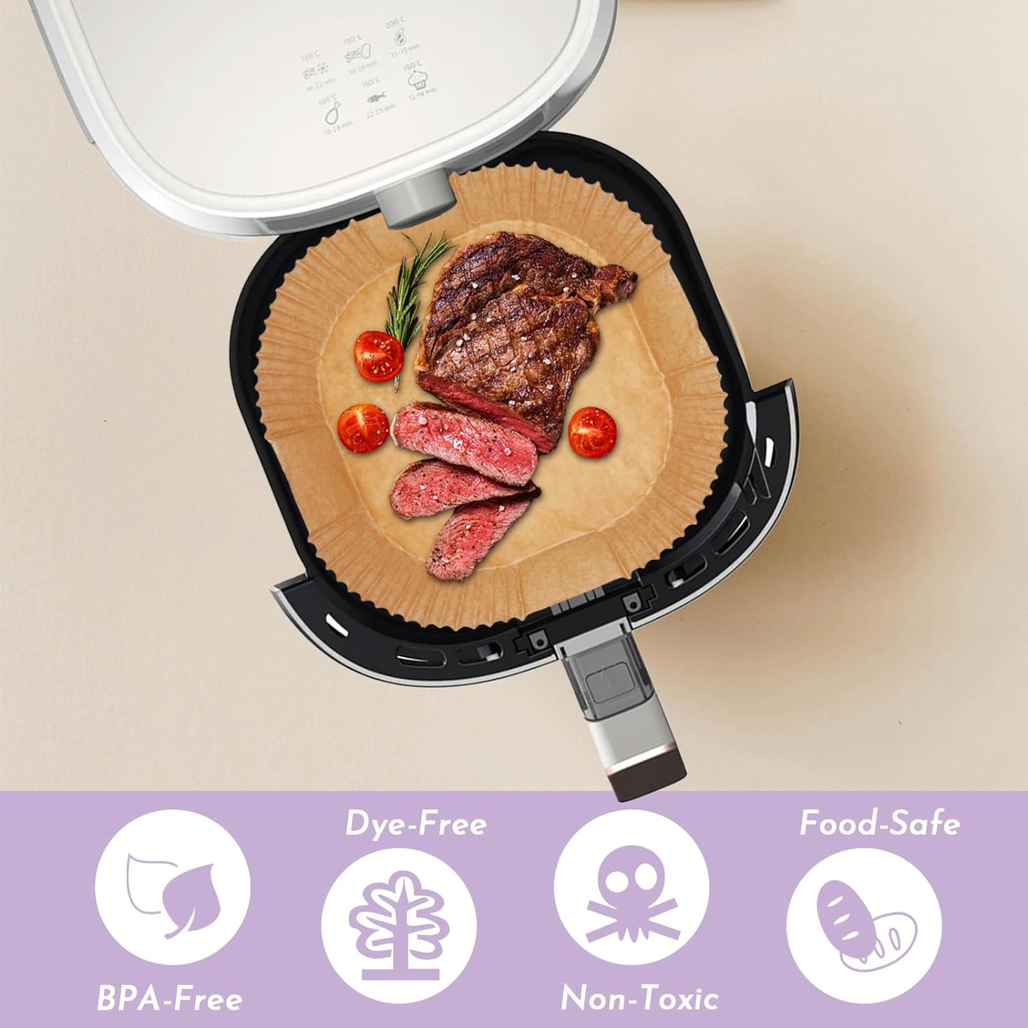 Enkis Air Fryer Liners, 150Pcs Air Fryer Paper Liners Square-9.8Inch/25Cm*4.5Cm, Non-Stick Air Fryer Parchment Liners, Air Fryer Disposable Paper Liner for 5L-7.5L Air Fryer (Large-25Cm) image number 6