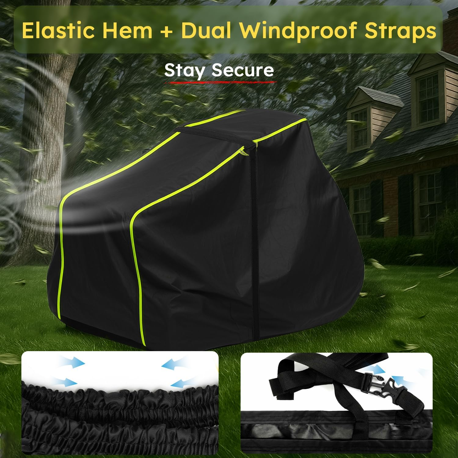 Heavy Duty Ride-On Lawn Mower Cover Waterproof 600D Oxford &ndash; Outdoor Tractor Cover with Elastic Hem, Straps, Reflective Strips, Fits 183&times;137&times;117Cm for Sit-On Mowers and Garden Tractors image number 4