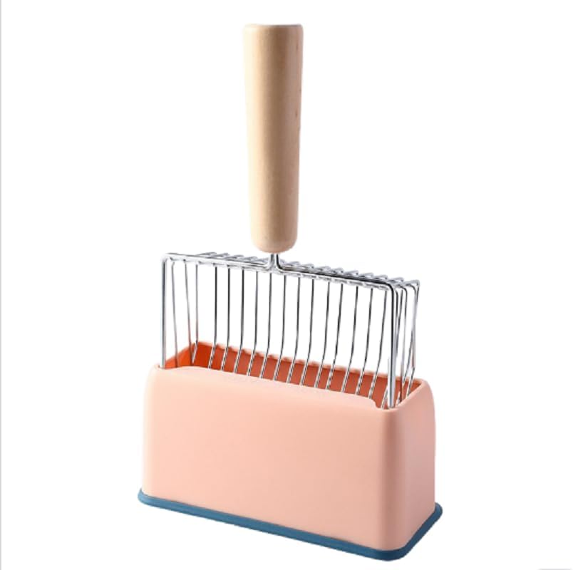 Metal Cat Litter Scoop with Holder, Fast Sifting Kitty Poop Scooper Caddy, Large Cat Poop Scooper Stand (Pink, 17 * 28 * 8CM)