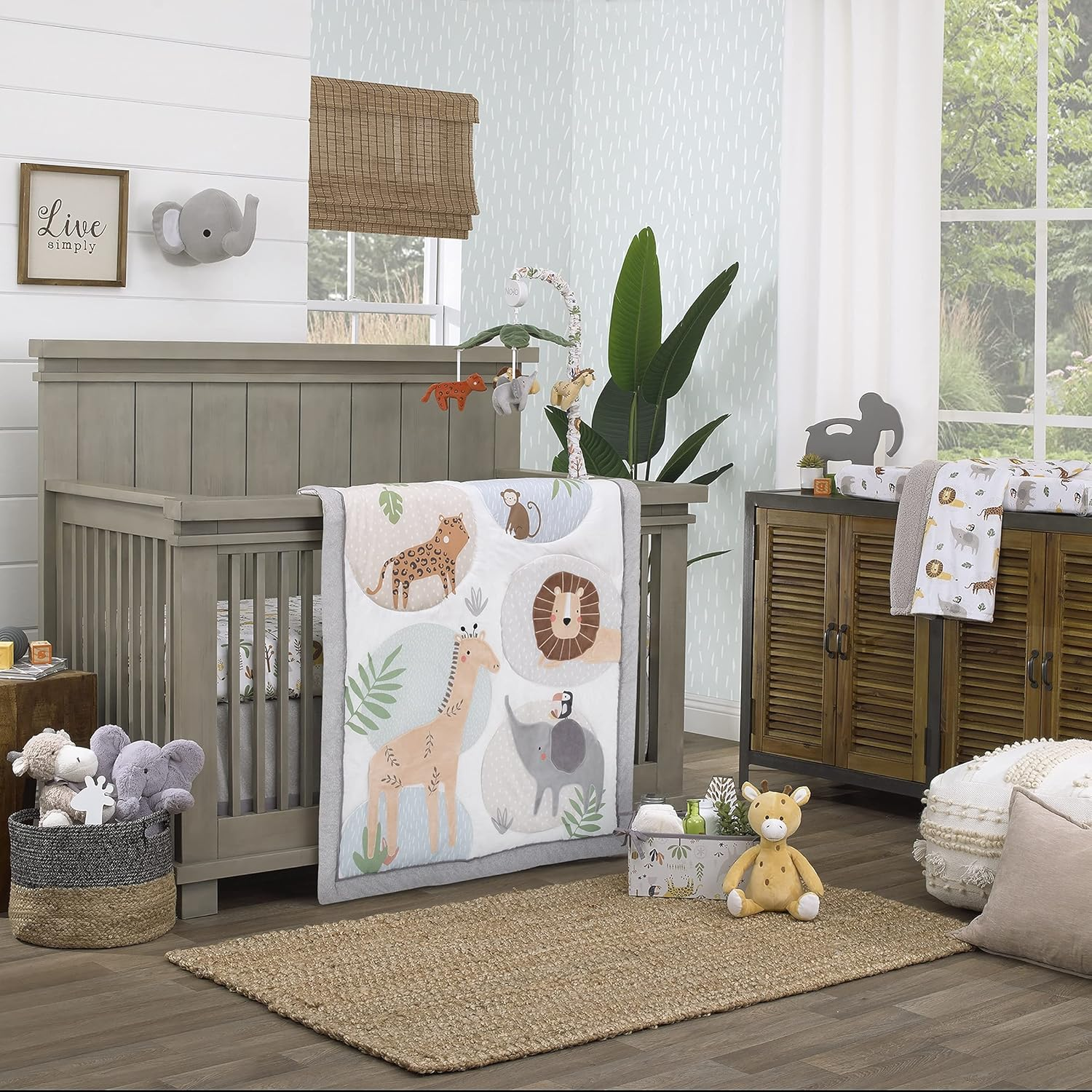 Nojo Jungle Trails White, Green, & Gold Stay Wild Animal Print with Leaves Photo Op 100% Cotton Nursery Fitted Crib Sheet, Grey, Green, Gold, White image number 1