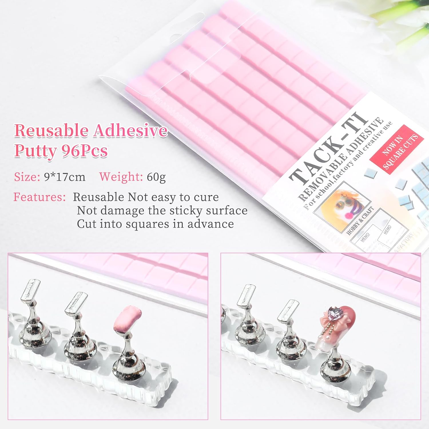 BQAN 2 Set Nail Holder for Painting Nails, Transparent Acrylic Nail Stand for Press on / Fake Nail Tips Training / Nails Display with 96 Pcs Reusable Adhesive Putty (Clear) image number 4