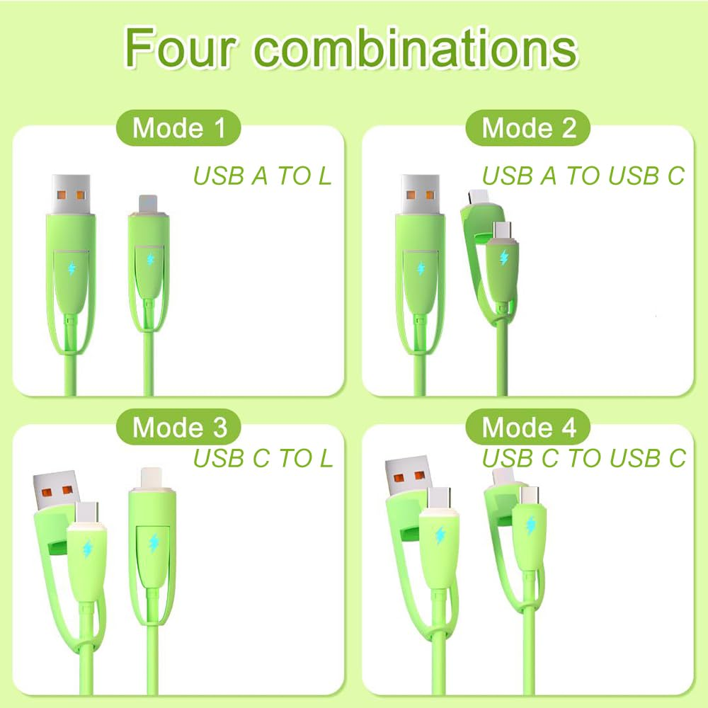 AYI 4In1 Multi Ports Charger 4 Combinations in One Cable USB A/Type C to Type C PD 100W Fast Charging Cord Flexible Nylon Braid Compatible with Almost of Electrical Devices-Multi Ports Braid Green - 3 Combinations Purple image number 5