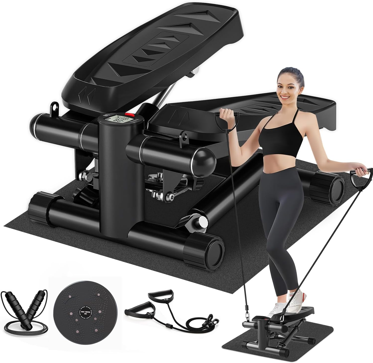 TOPPETI Mini Stair Steppers for Exercise, Adjustable Pedal Height Stair Portable Steppers for Home Fitness, with LED Monitor, Resistance Bands, Noiseless, 120KG Loading Capacity, Black(With Mat) image number 3