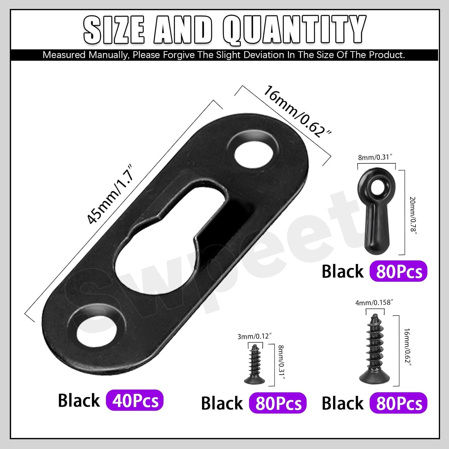 Swpeet 280Pcs 45 X 16Mm Black Carbon Steel Single Keyhole Hangers with Screws and Picture Frame Turn Button Fasteners Assortment Kit, Keyhole Hanging Plate Picture Hanger for Frame, Key, Photo