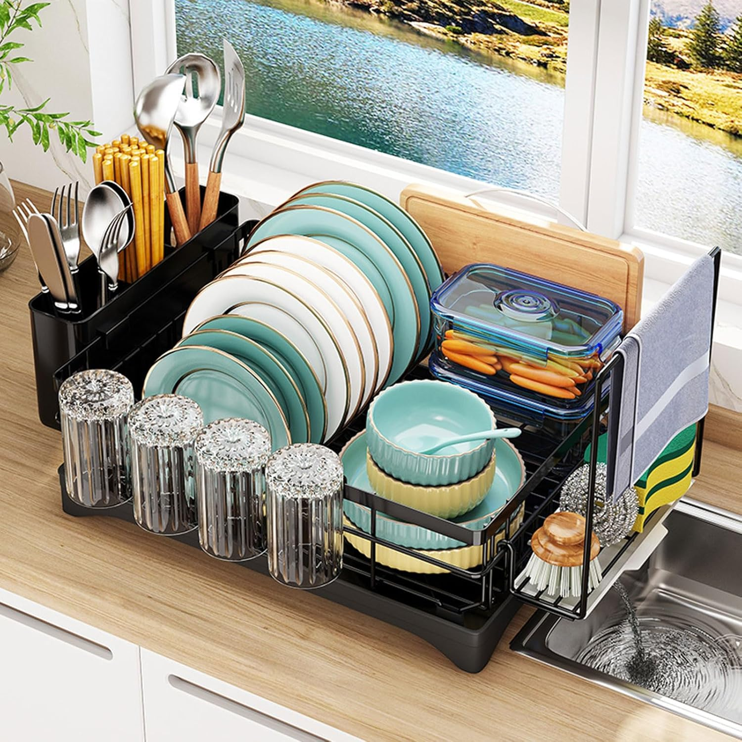 Dish Drying Rack - Space-Saving for Kitchen Counter, Durable Stainless Steel Rack with a Cutlery Holder, for Dishes, Knives, Spoons, and Forks image number 2
