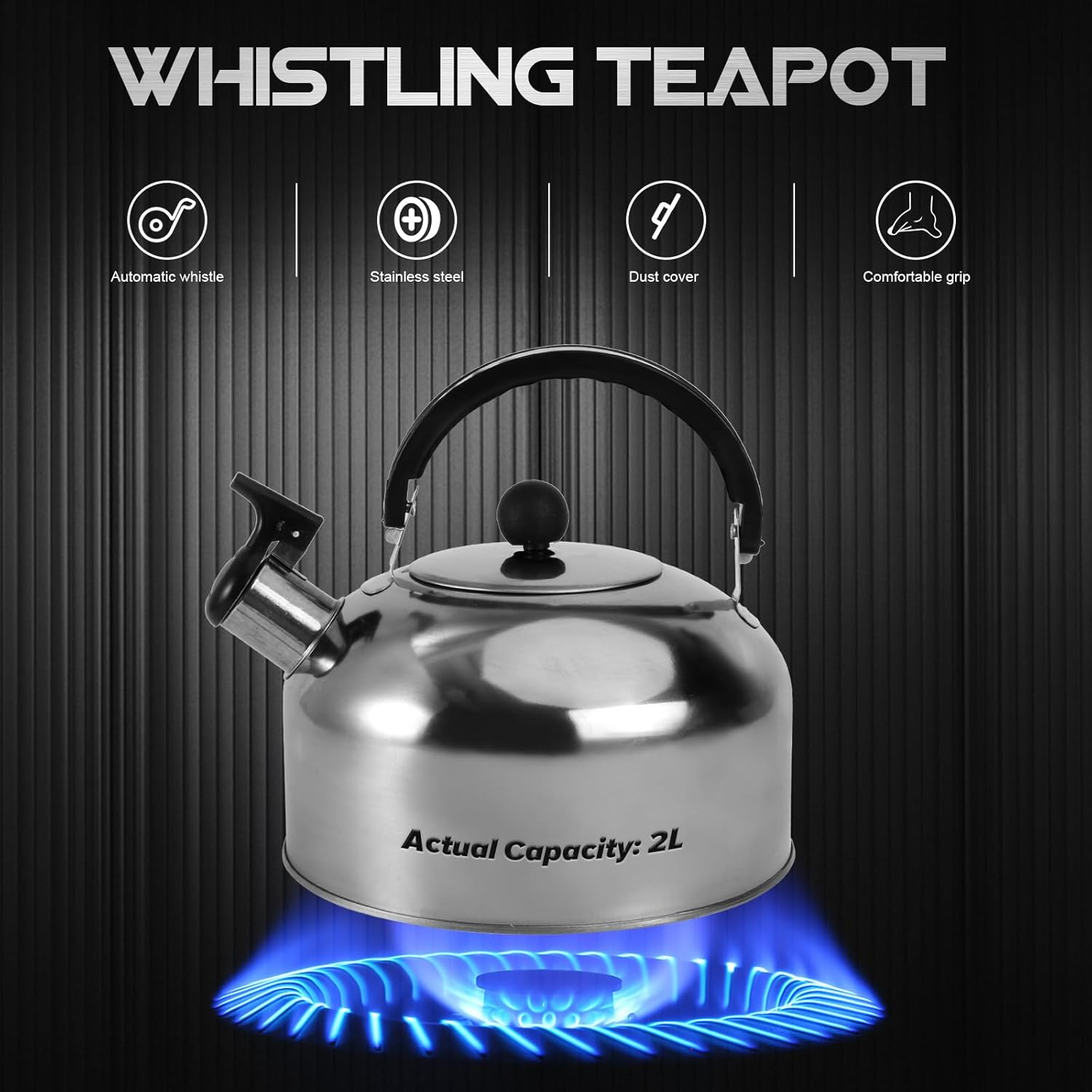 PRETYZOOM 2L Whistling Tea Kettle, Stovetop Water Boiler, Stainless Steel Water Boiling Pot with Plastic Handle Household Whistling Kettle Teapot image number 5