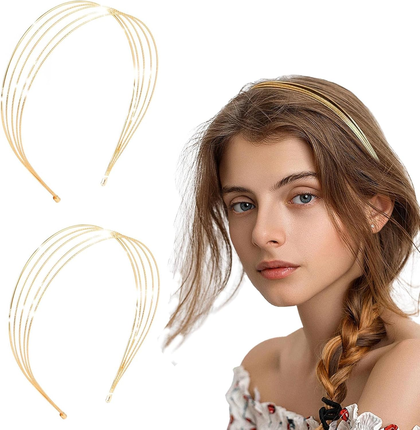 YUBBYSTU 2 Pcs Gold Headband for Women, Elegant Hair Hoop Headpiece for Women Girls Bridal Hair Styling Accessories, Gold Headpiece Multi Layers Hairbands Thin Metal Hair Band image number 3