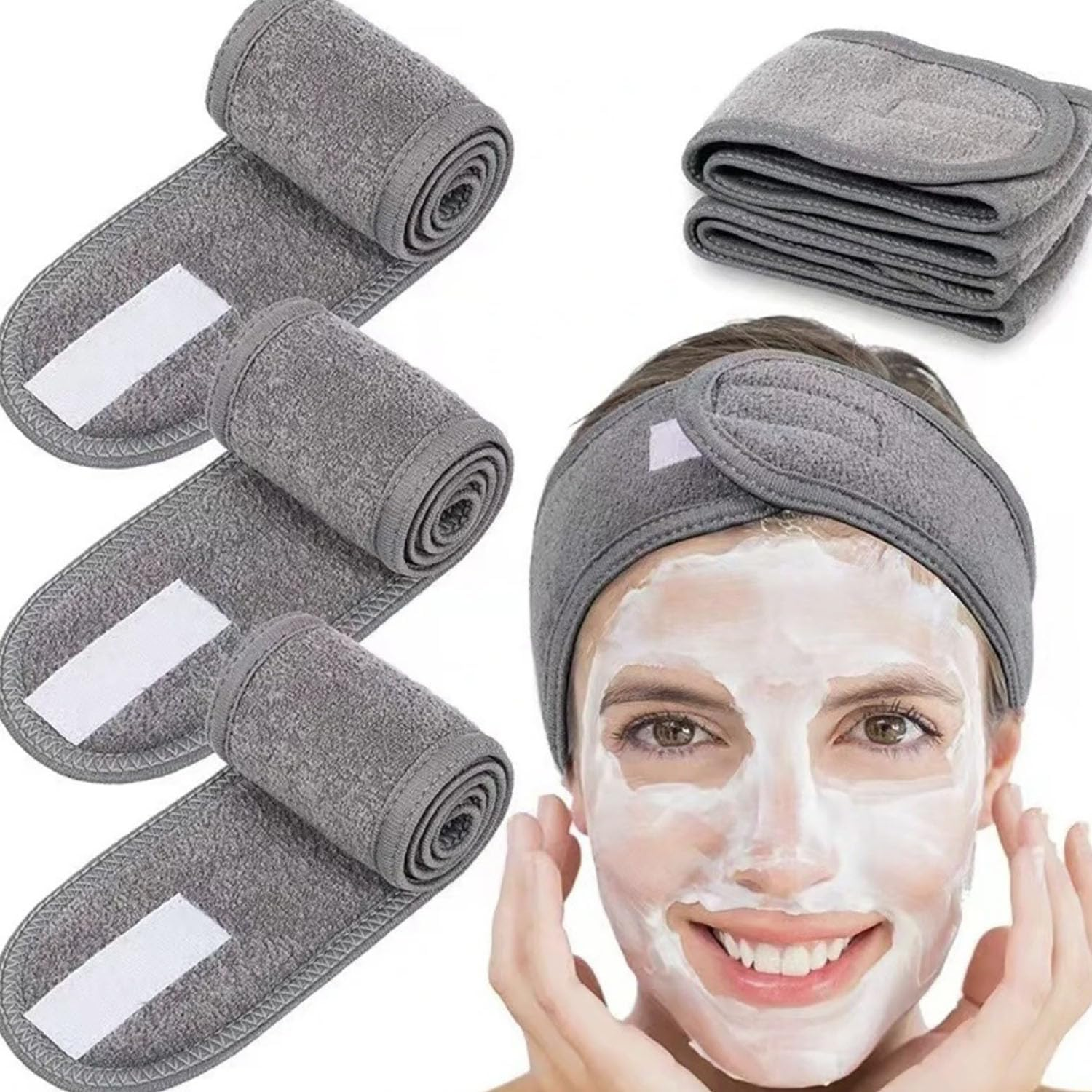 Adjustable Spa Facial Headband for Women &zwnj;4 Pack, Soft Makeup Hair Band, Skincare Head Wrap for Bath, Sport, Yoga & Gym (Gray)&zwnj; image number 1