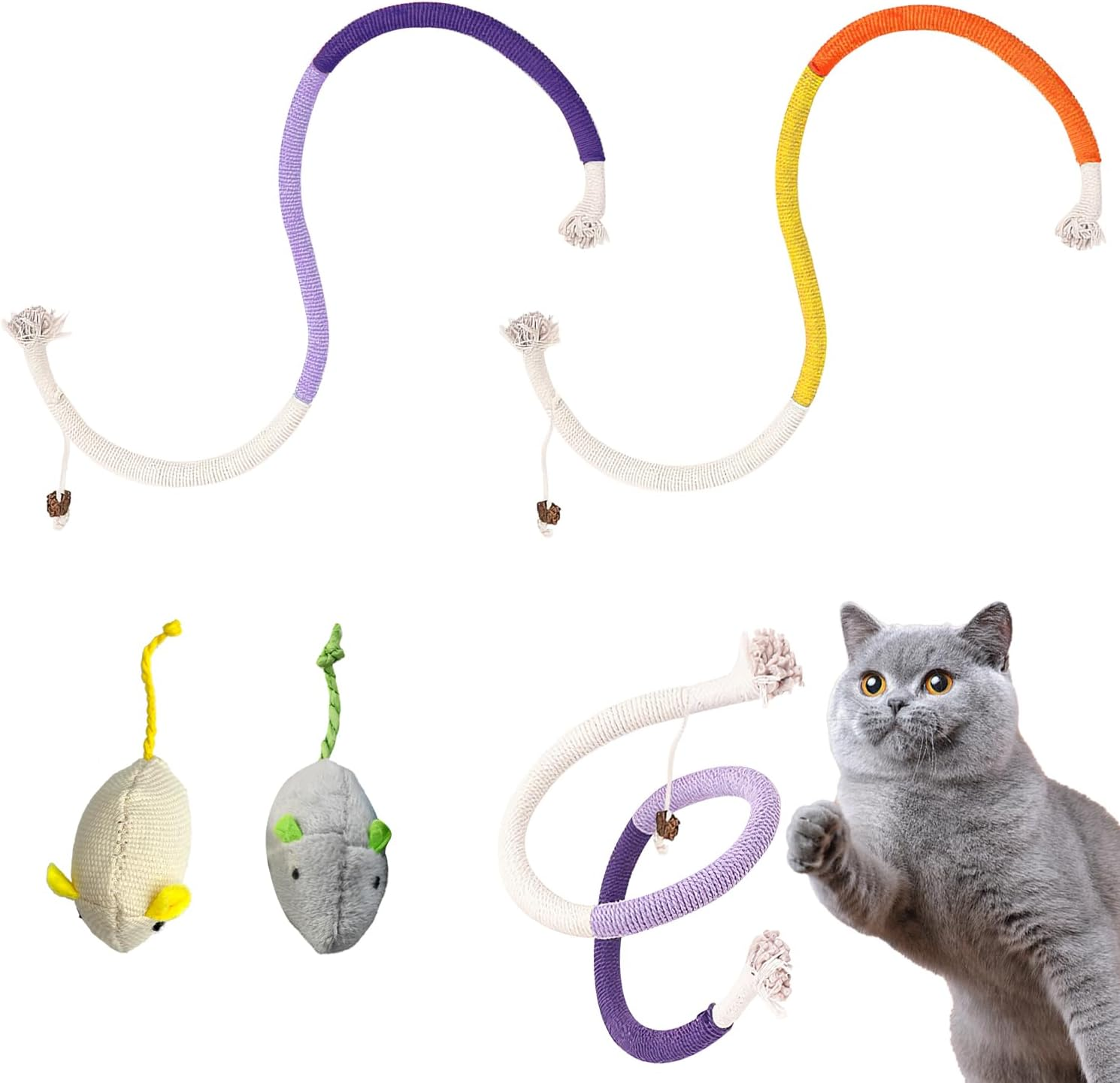 RUGBOL 4 Pcs Cat Toys, Bite Rope Catnip Toy Catnip Toy Mouse Kitten Toys Interactive Cat Toys for Indoor Cats Kitten for Boredom and Exercise (Red+Purple)