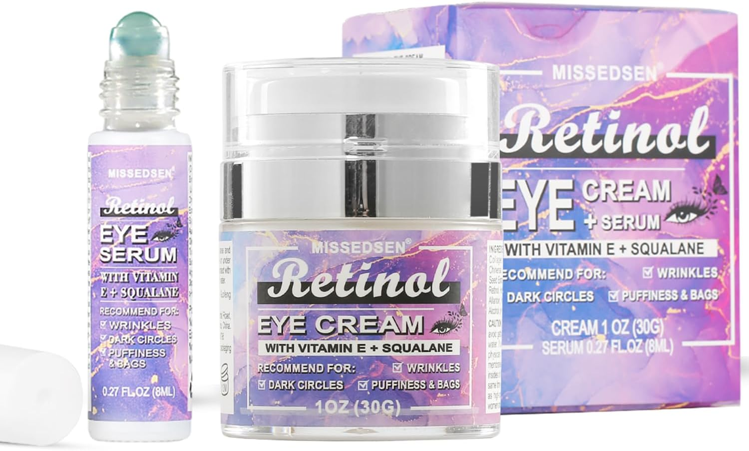 Eye Cream & Roller Serum Set with Retinol,Vitamin E,Squalane, Hyaluronic Acid for Dark Circles, Eye Bags & Fine Lines under Eyes, Brighten under Eyes,30G&8Ml