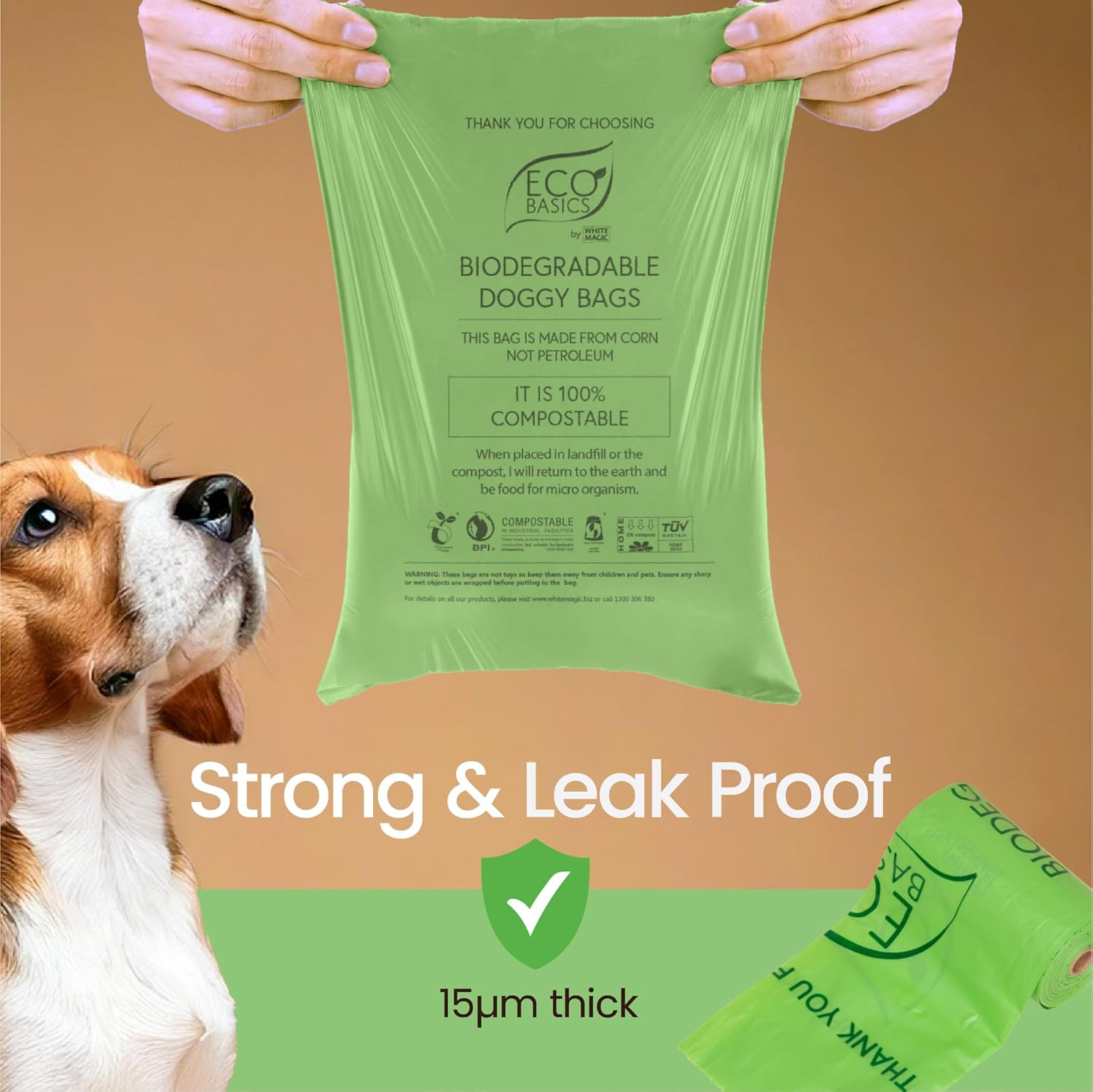 Eco Basics 100% Compostable Dog Poo Bags, 16 Rolls 240 Count, OK Compost Certified Thick Leak Proof Dog Waste Poo Bags 22 X 33 Cm, Unscented Doggy Poop Bag image number 3