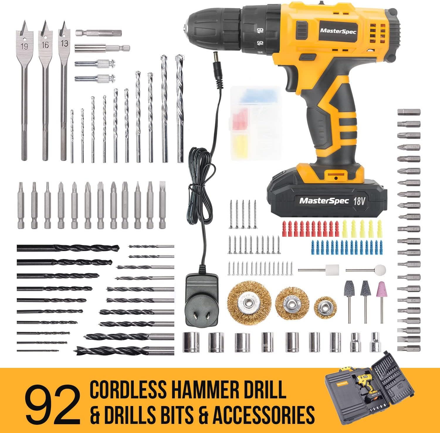 Masterspec 92 PCS Power Tool Kit 18V Cordless Hammer Drill Screw Flap Bits Sockets Set Multifunctional 18+1 Torque Variable Speed Electric Power Drill with Carrying Case image number 4
