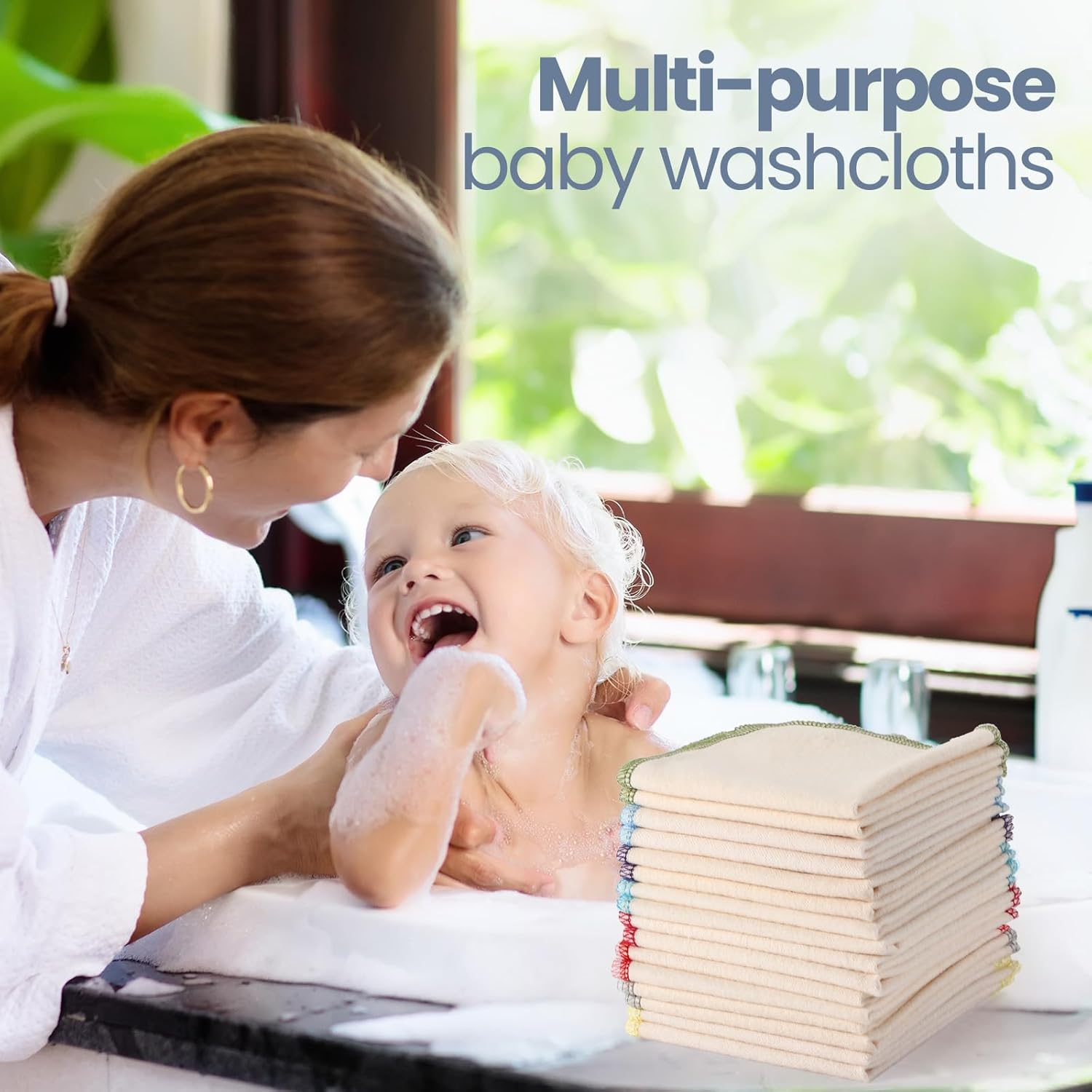 Mixweer 96 Pcs Flannel Cloth Diapers - Reusable, Washable, Natural Unbleached Baby Face Wipes - Soft & Sturdy - 8 Colors, Outer Stitching - 8 X 8 Inches