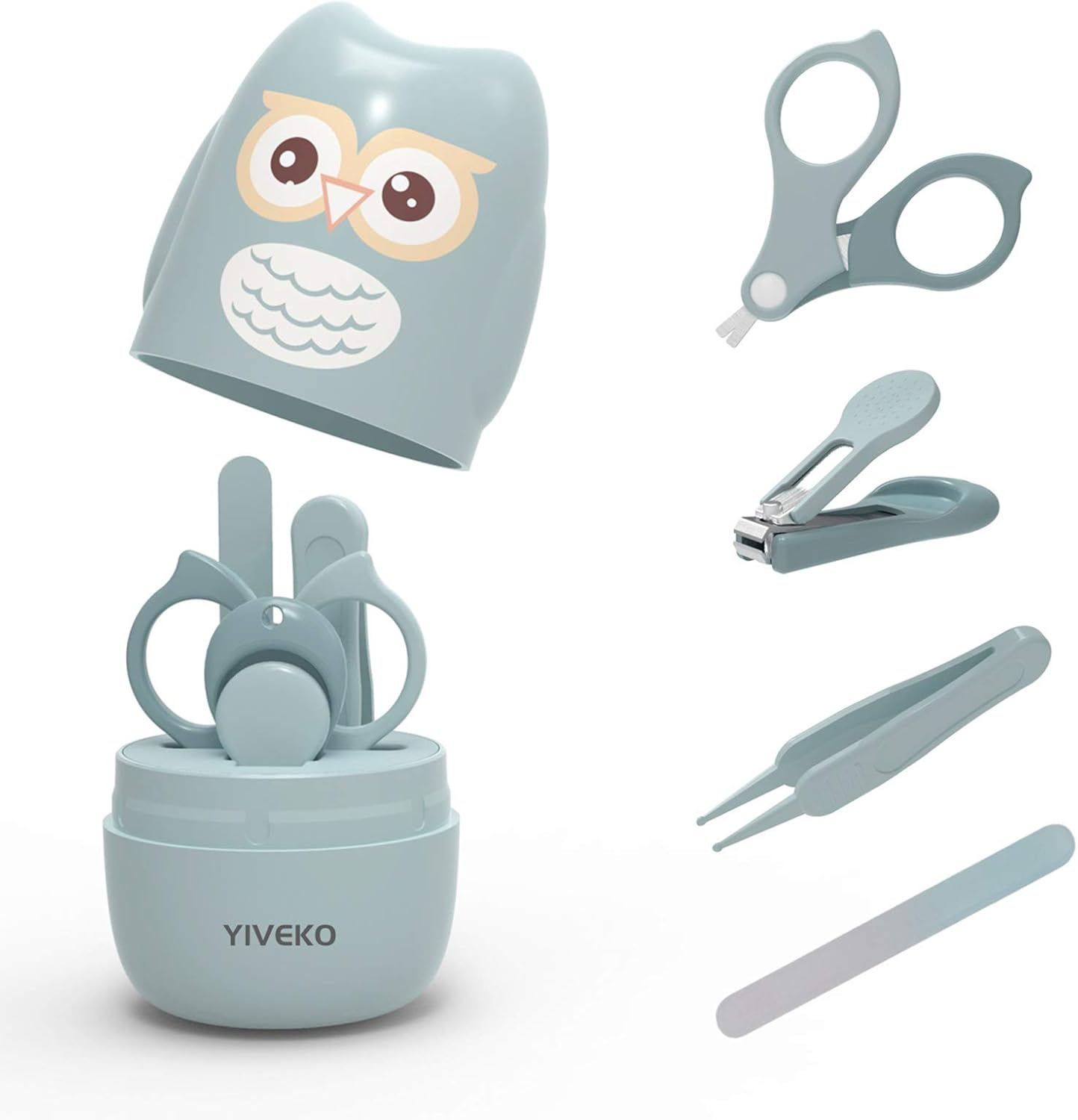 YIVEKO Baby Nail Kit, 4-In-1 Baby Nail Care Set with Cute Case, Baby Nail Clipper, Scissor, Nail File & Tweezer, Baby Manicure Kit and Pedicure Kit for Newborn, Infant, Toddler, Kids-Owl Green