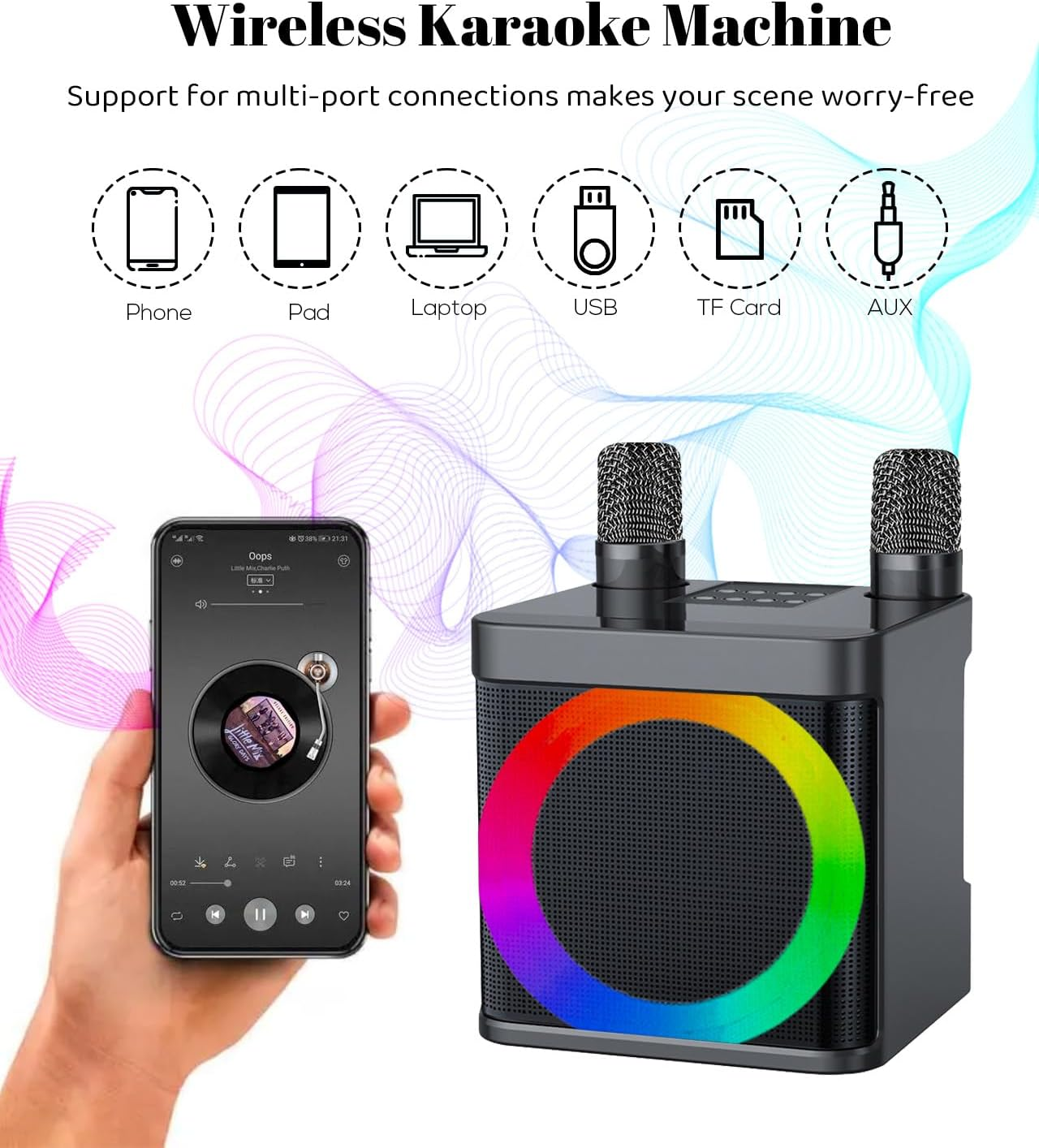 Karaoke Machine for Adults and Kids with 2 UHF Wireless Microphones,Portable Bluetooth Speaker PA Speaker System with LED Party Lights for Home Party, Picnic,Car,Outdoor/Indoor/Birthday Gifts image number 5