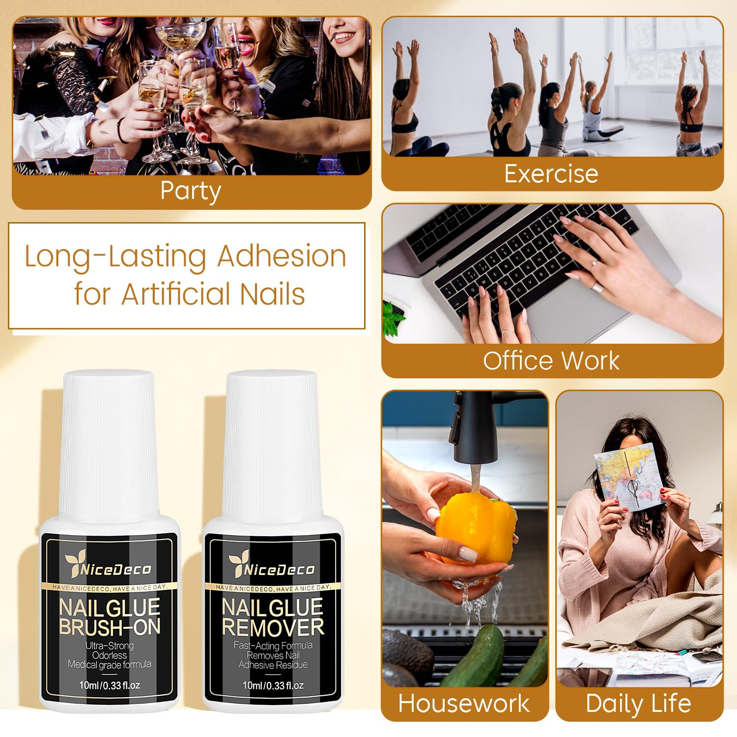 Nicedeco Nail Glue and Remover Set for Press on Nails, Ultra-Strong Medical Grade Formula for Fake Nails, Brush-On Application for Nail Tips, Fast-Acting, 2 X 10Ml/0.33 Fl.Oz Bottles image number 4