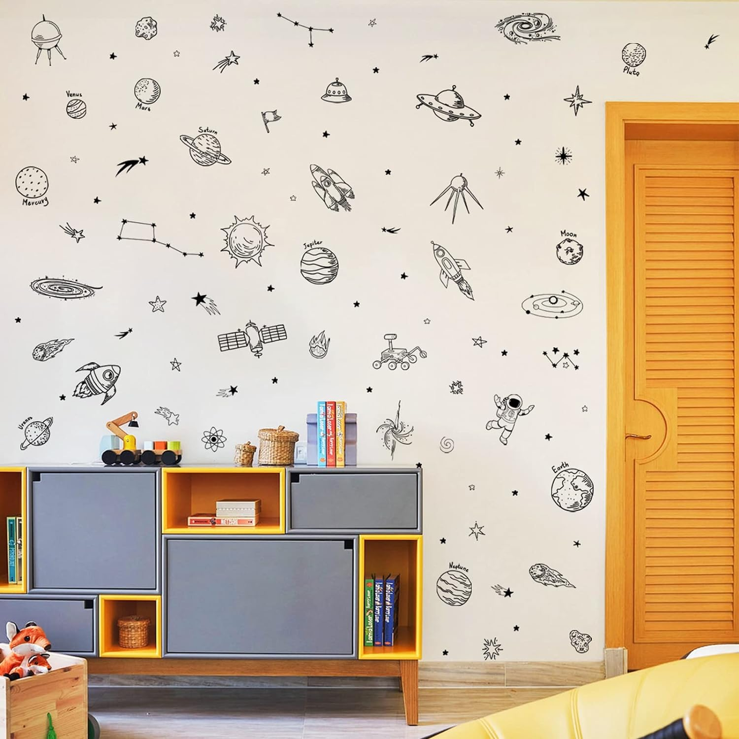 Maydahui Outer Space Stars Planets Wall Stickers Rockets Astronaut Vinyl Wall Decals (47" X 51") Peel & Stick Removable Boys Room Wall Decor Decals for Kids Bedroom Nursery Classroom (Black)