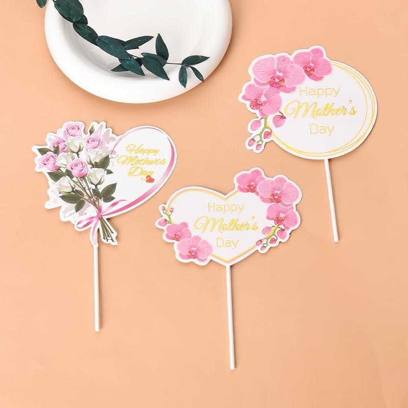 Happy Mothers Day Cake Topper Sign for Mother'S Day Cake Decorations for Women Mom Cupcake Toppers 3Pcs Heart round Rose Flower Floral Mothers Day Decorations Ideas image number 6