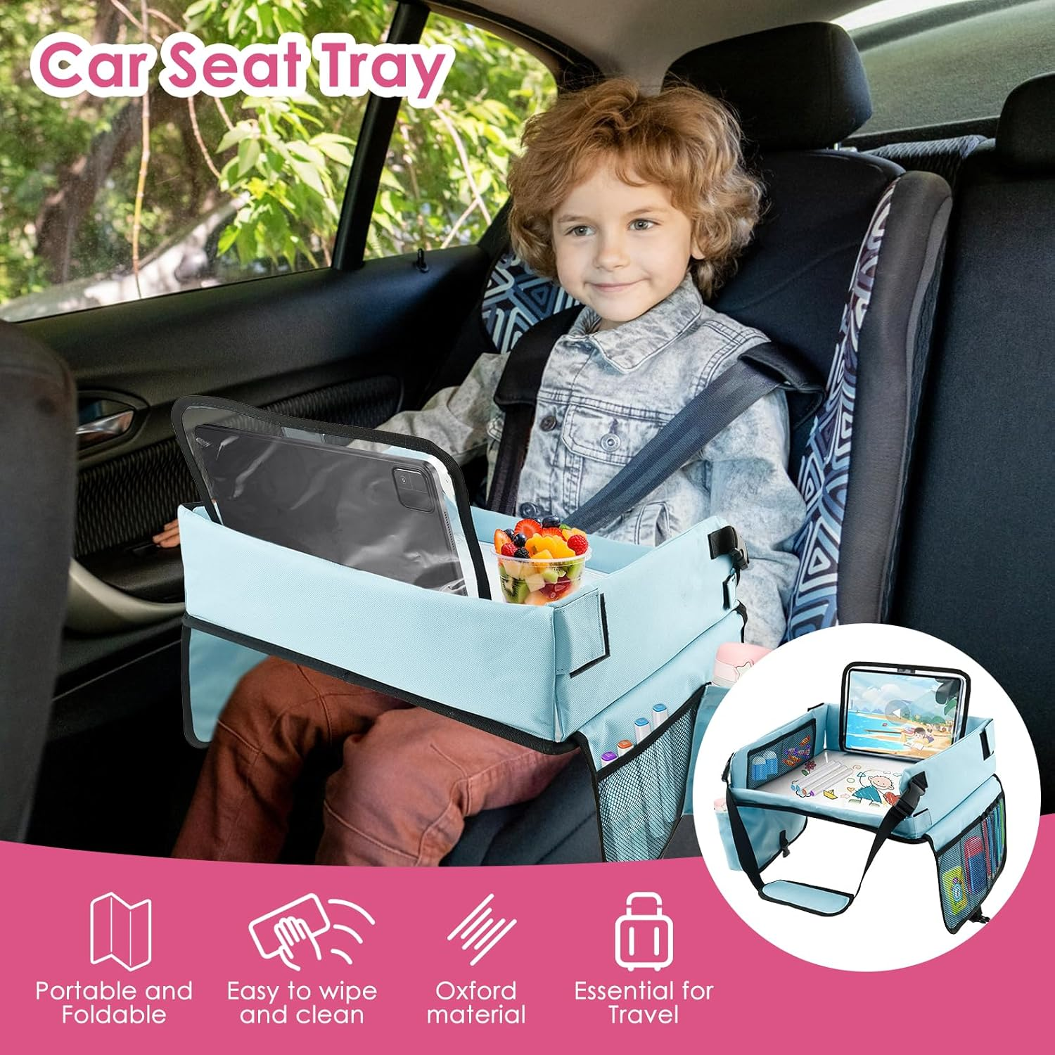 Kid Travel Tray, Portable Toddler Car Seat Tray, Foldable Car Seat Table, Practical Airplane Activity Table for Children Boy Girl (Blove) - Blove image number 2