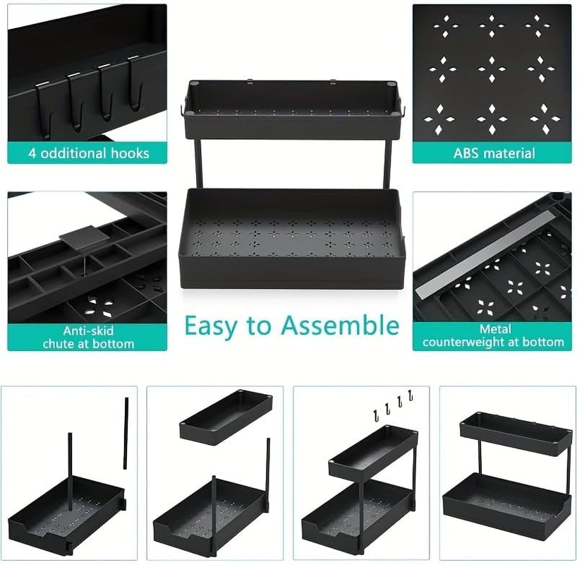 LTECARP under Sink Storage Kitchen Organiser, 2 Tier Sliding Kitchen Storage under Sink Shelf, Multi-Purpose Organisation for Kitchen Bathroom, Bottom Slide Out Basket Black image number 4