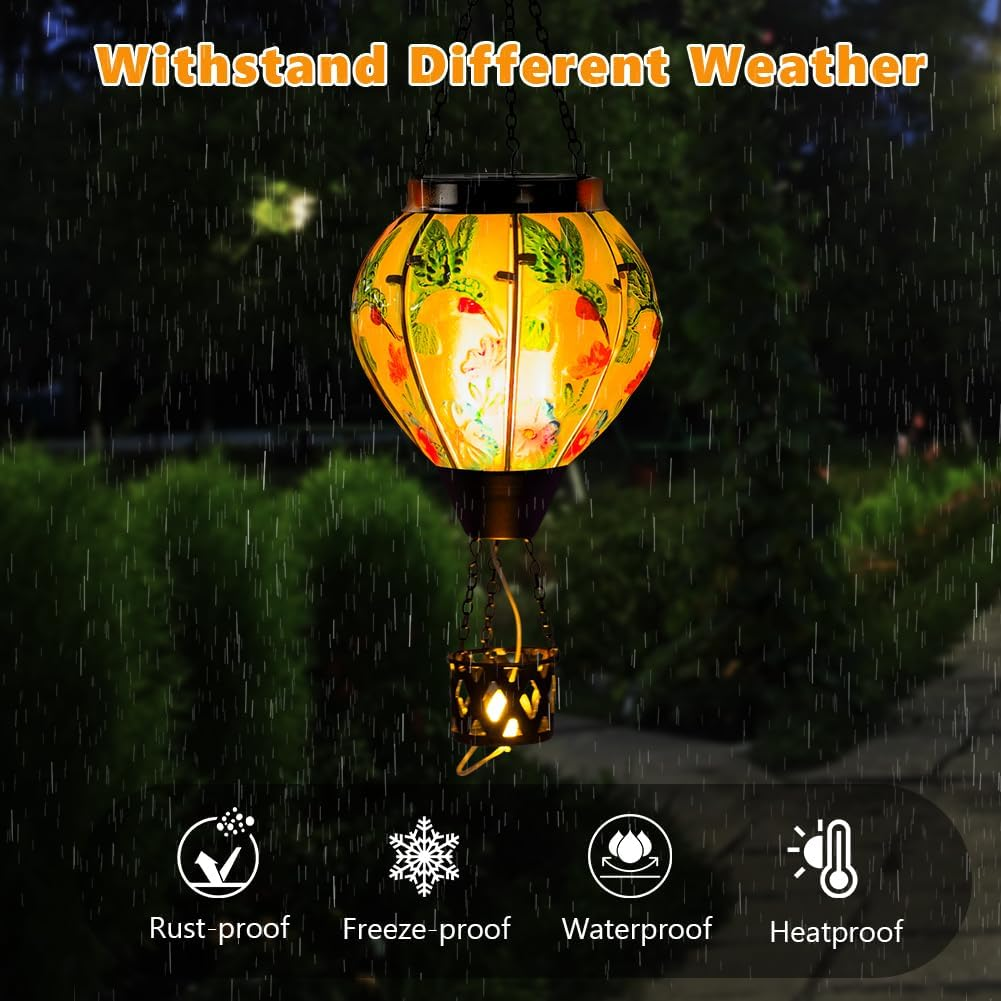 Starsoul Hummingbird Hot Air Balloon Solar Lantern with Candle Holder Glass Outdoor Solar Hot Air Balloon Flickering Flame Lamp Hanging Garden Light Waterproof for Lawn Porch Tree Yard Decorations