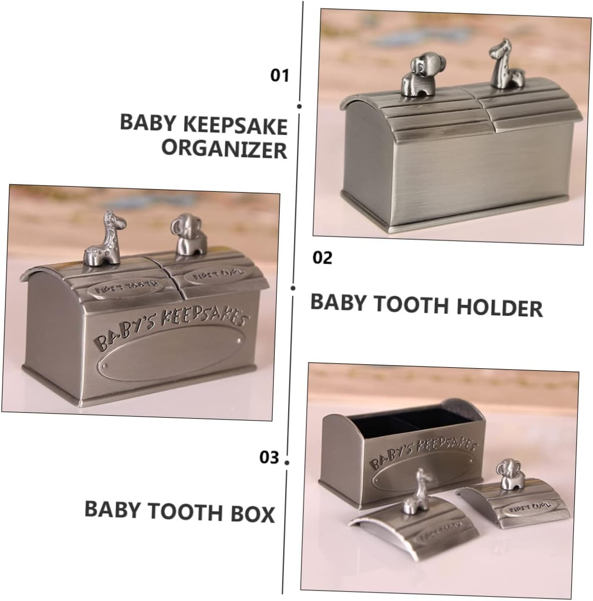 Abaodam Baby Keepsake Organizer and Tooth Storage Box for Boys and Girls, Metal Curly Hair and Milk Tooth Case, Antique Tin Finish, Baby Memory Storage for Nursery