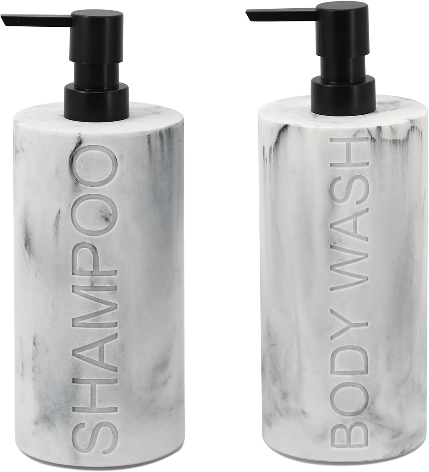 Indecor Home Marble Resin 2 Piece Shampoo and Conditioner Dispenser Set, Luxurious Refillable Pump Bottles with Matte Pump Top and Embossed Text, Durable Design for Bathroom and Shower