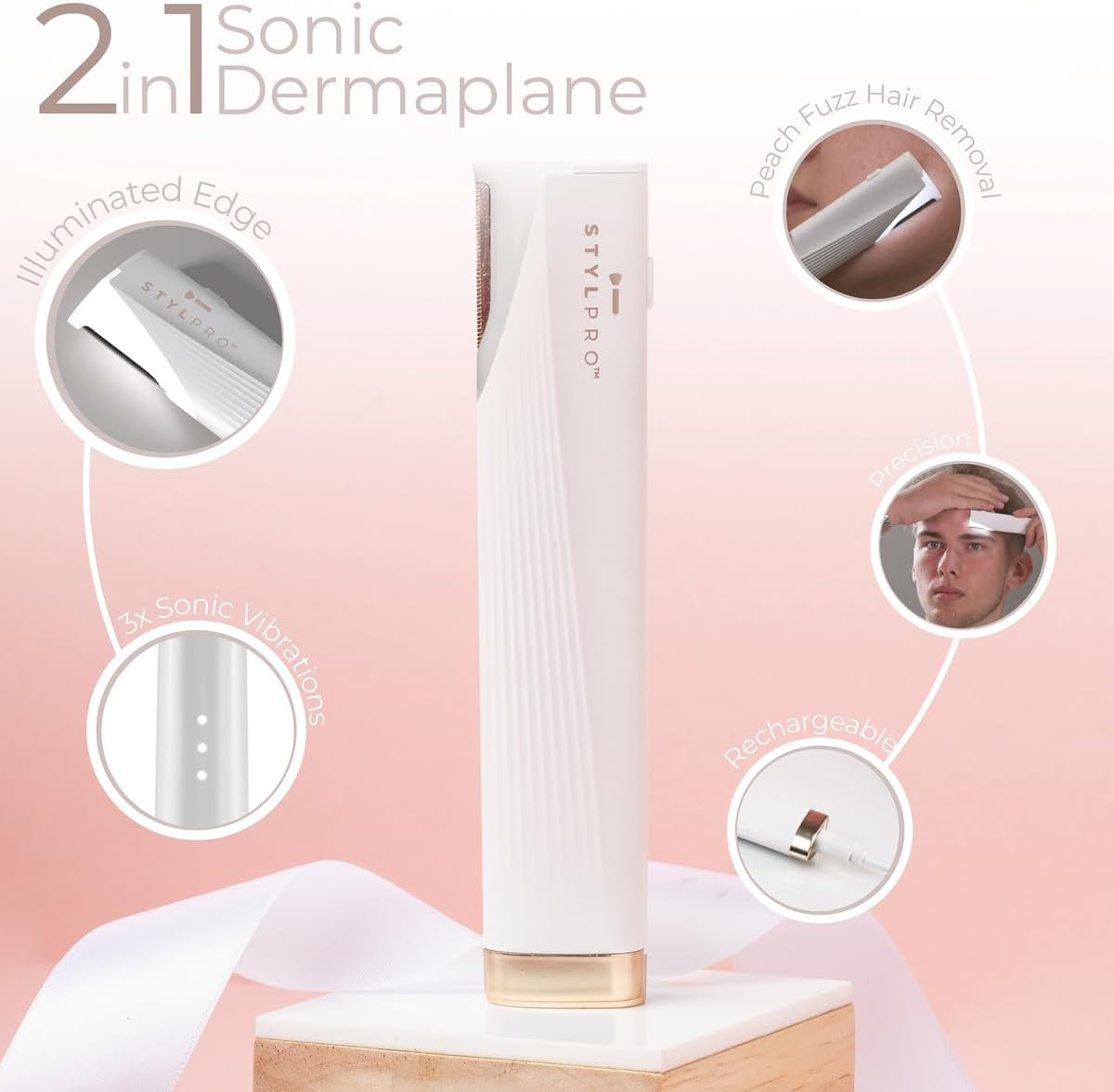STYLPRO 2 in 1 Sonic Dermaplane & Trimmer: Lighted Edge Rechargeable Cordless Travel Friendly Eyebrow Peach Fluff Bikini Line Pain Free Exfoliation with 3 Vibration Levels image number 6