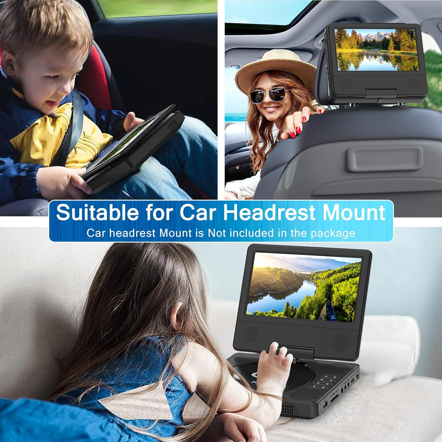 9.5" Portable DVD Player with 7.5" Swivel Display Screen, 5-Hour Built-In Rechargeable Battery, Car DVD Player,Supports SD Card/Usb/Cd/Dvd and Multiple Disc Formats, High Volume Speaker