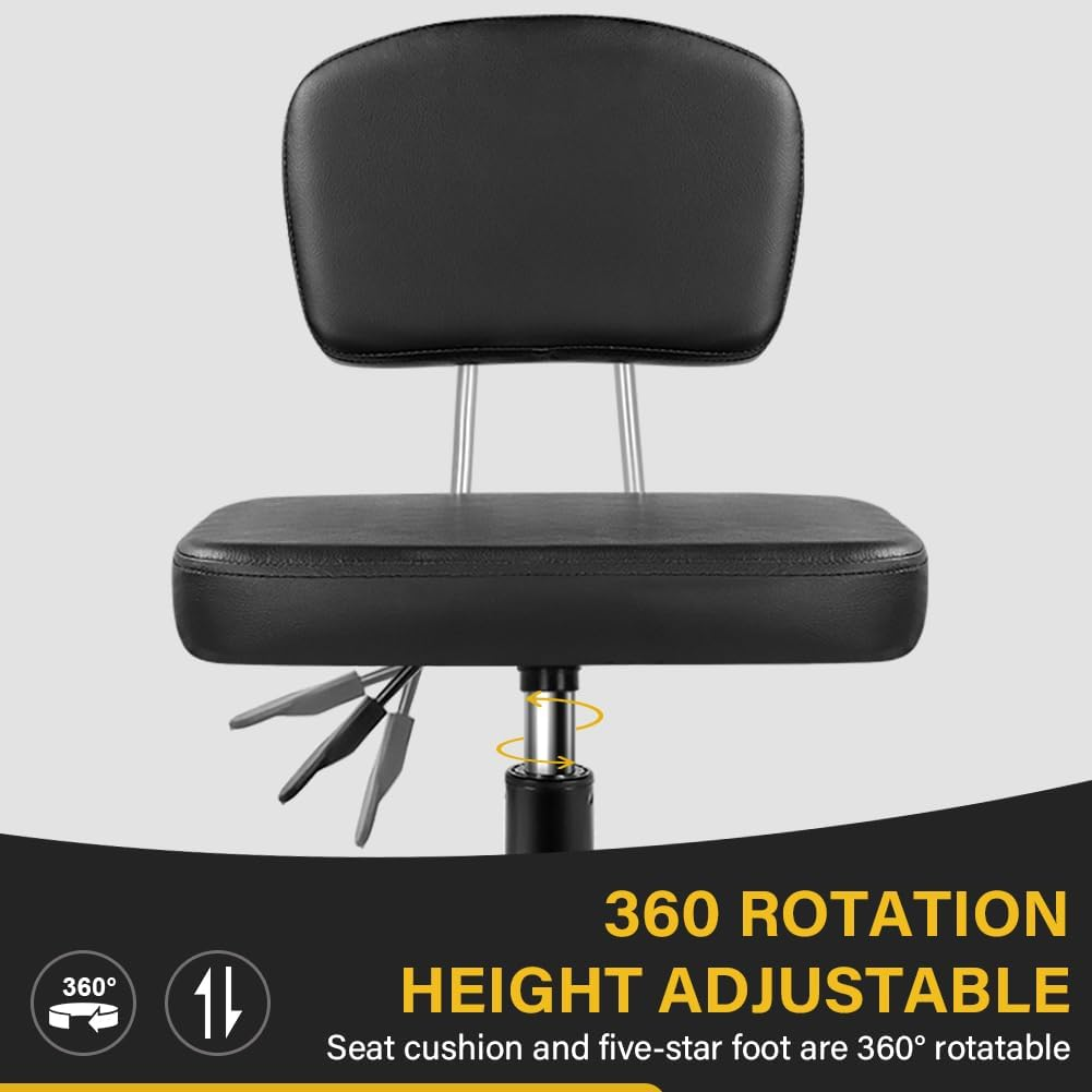 Rolling Stool Chair with Backrest Height Adjustable 360&deg; Swivel Stool with Wheels Square Seat PU Leather Rolling Stool for Bedroom Counter Shop Salon Massage Home Office Drafting Work (Black) image number 5