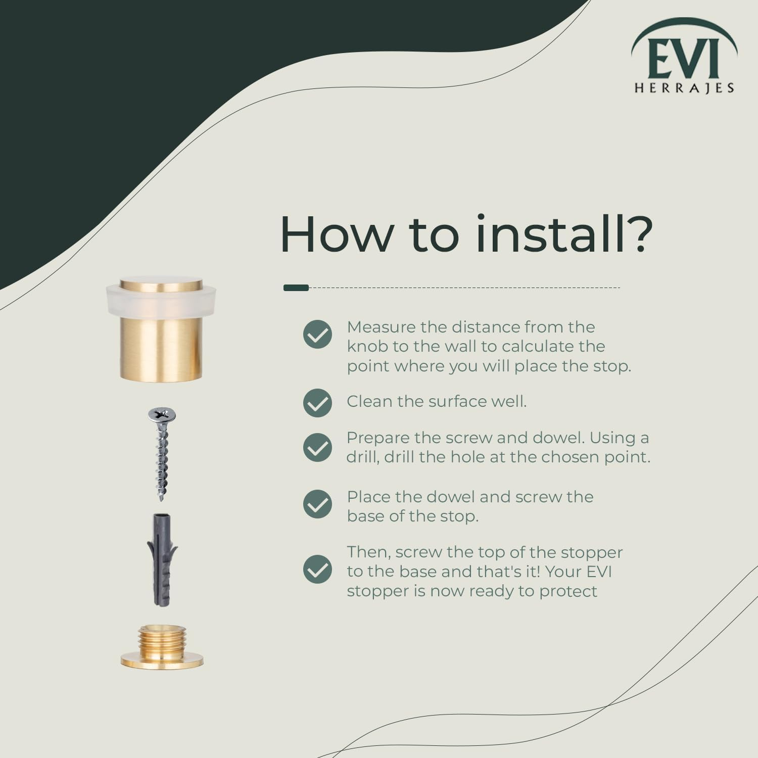 EVI Herrajes | Decorative Door Stoppers | &Oslash;20X25Mm | Floor Mounted | Brass Matte Finish | Protection Rubber | Mod I-180 image number 4