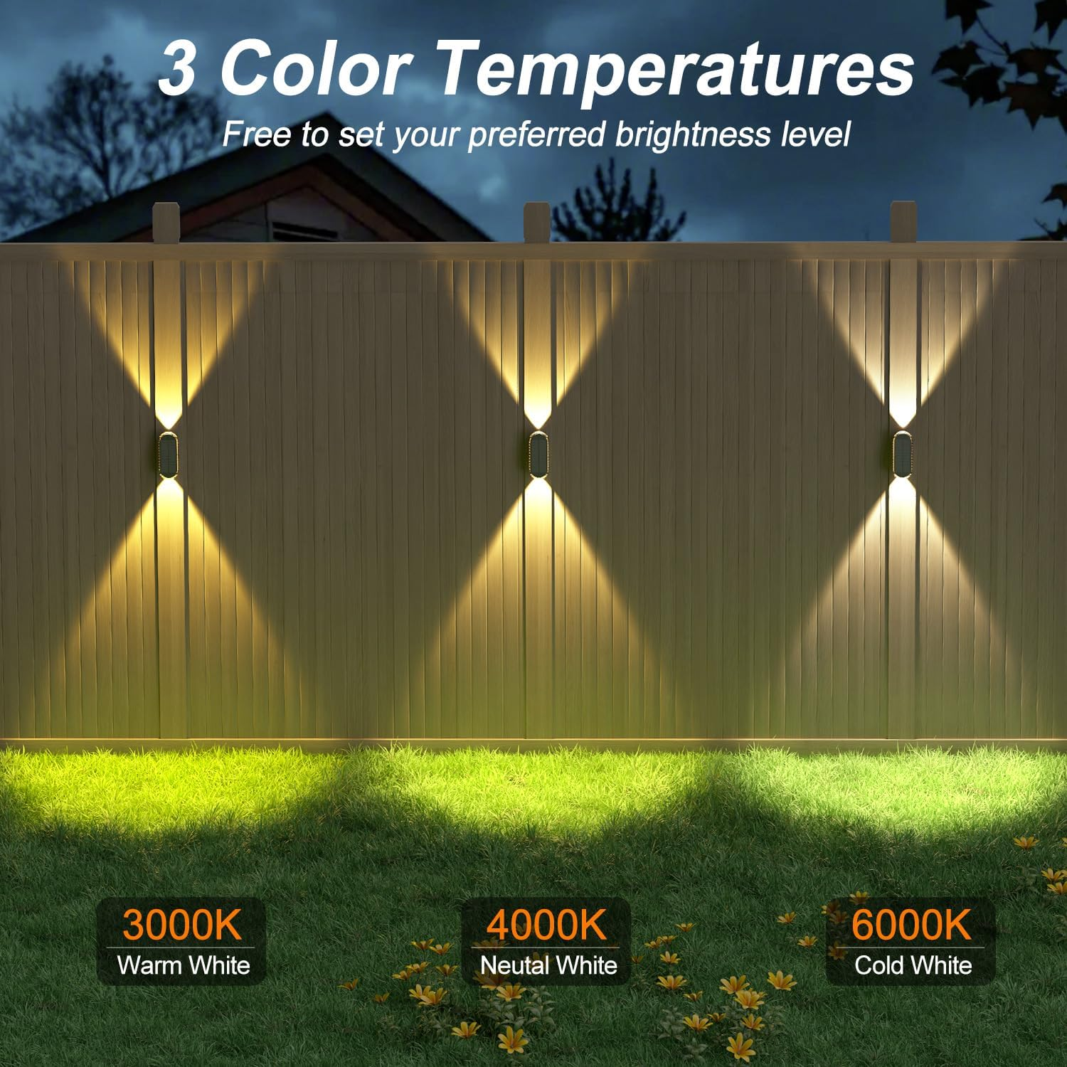 Ellasay Solar Fence Lights Outdoor, 4 Pack Wall Lights Solar Powered 3 Color Modes, up & down LED IP65 Waterproof Solar Garden Lights for Outdoor,Yard,Pool,Porch,Patio,Railing
