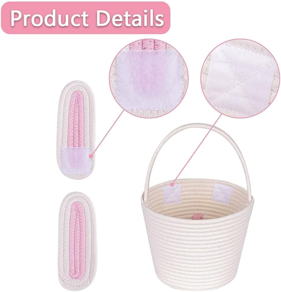 Bunny Basket Set for Kids & Babies &ndash; 2-Piece Handwoven Cotton Rope Easter Baskets with Ear Design &ndash; Soft & Safe for Egg Hunt, Ideal for Girls, Boys & Toddlers (Pink & White) image number 5