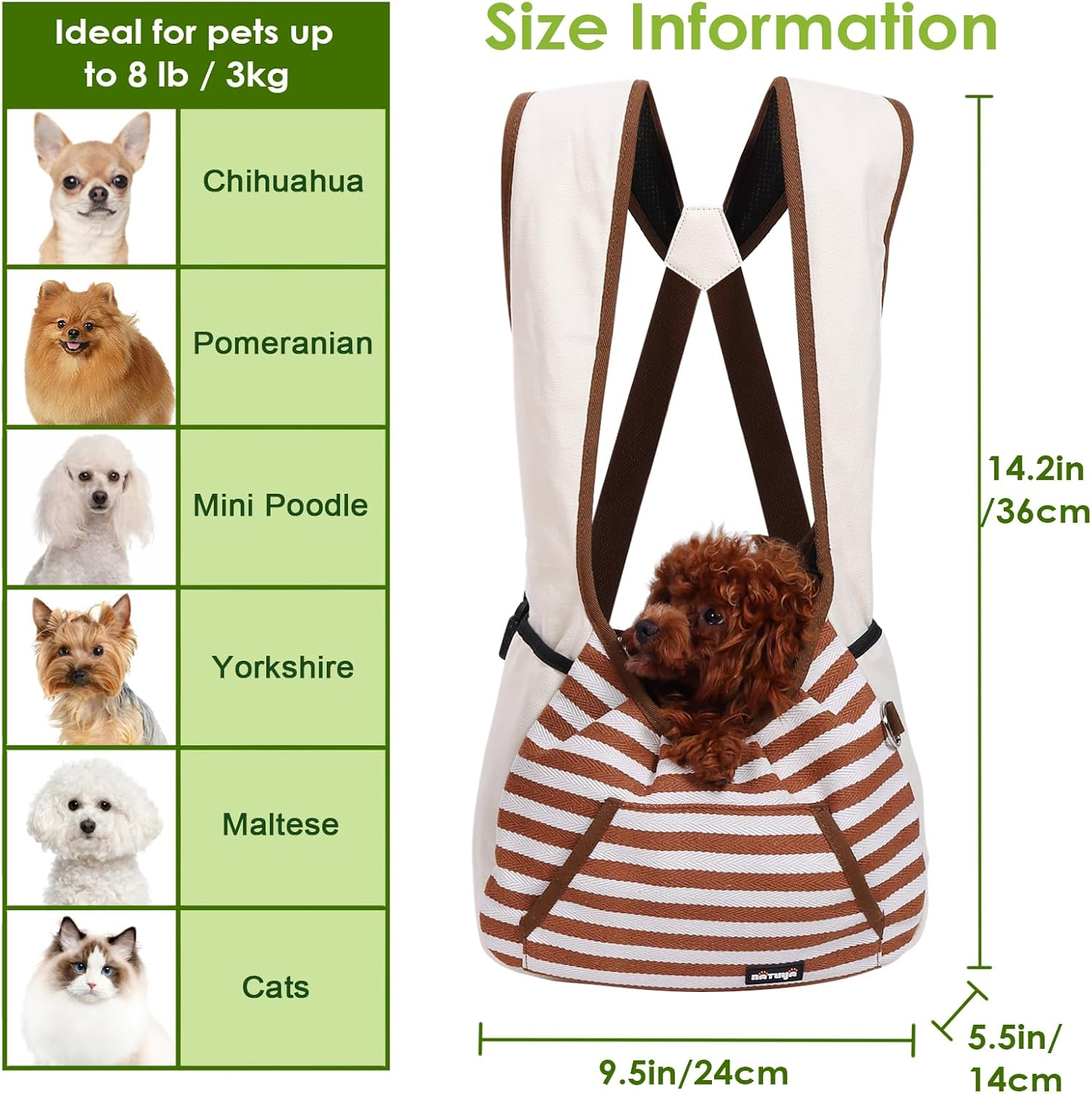 NATUYA Dog Sling Puppy Carrier for Small Dogs with Openable Front Breathable Mesh, Hands Free Pet Sling Travel Bag Adjustable Padded Strap Pockets Large Space (Khaki, 3-11 Lb) image number 2