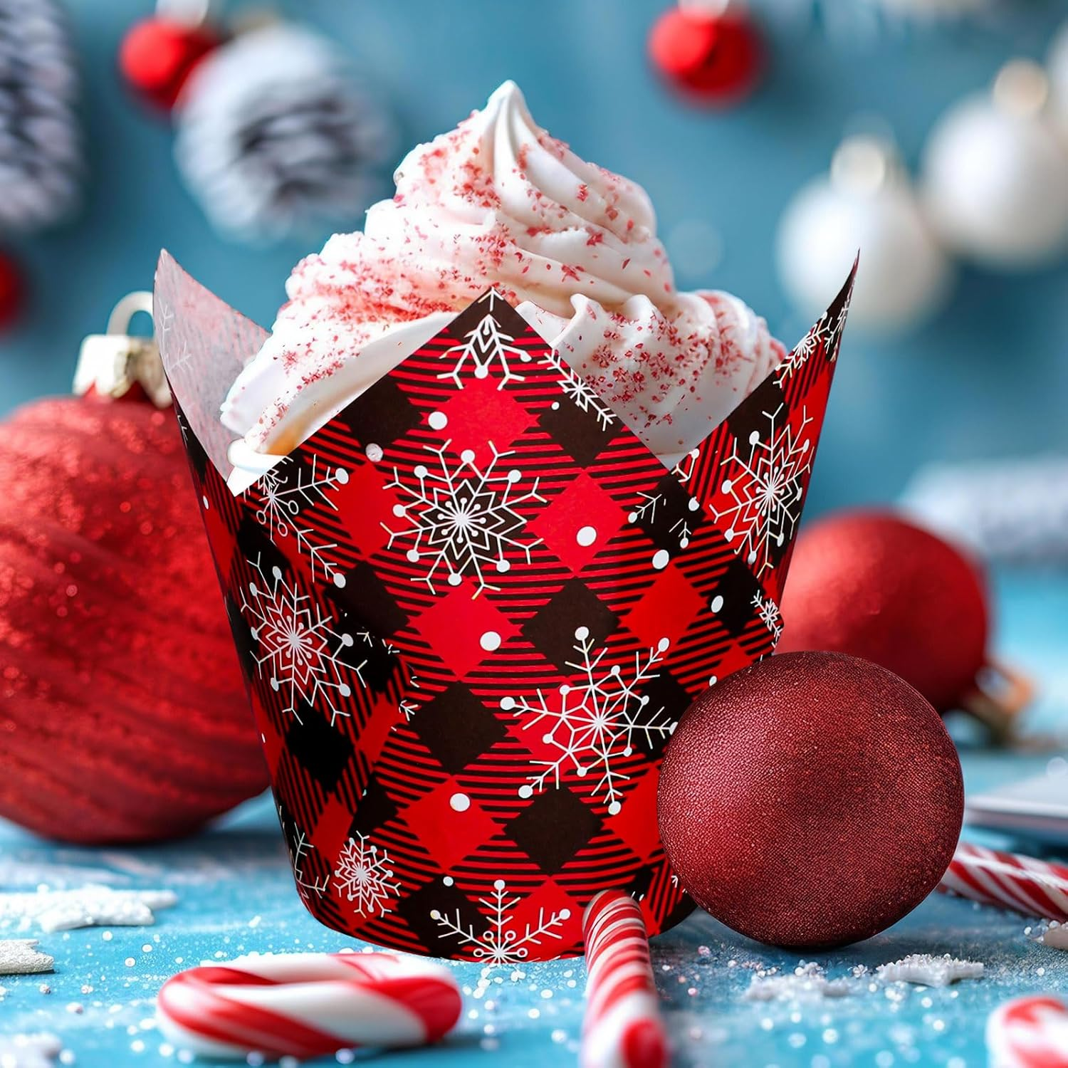 Whaline 200Pcs Christmas Plaid Tulip Cupcake Liners Plaid Snowflake Muffin Tulip Baking Cups Xmas Red Black Tulip Cupcake Wrappers for Holiday Party Supplies