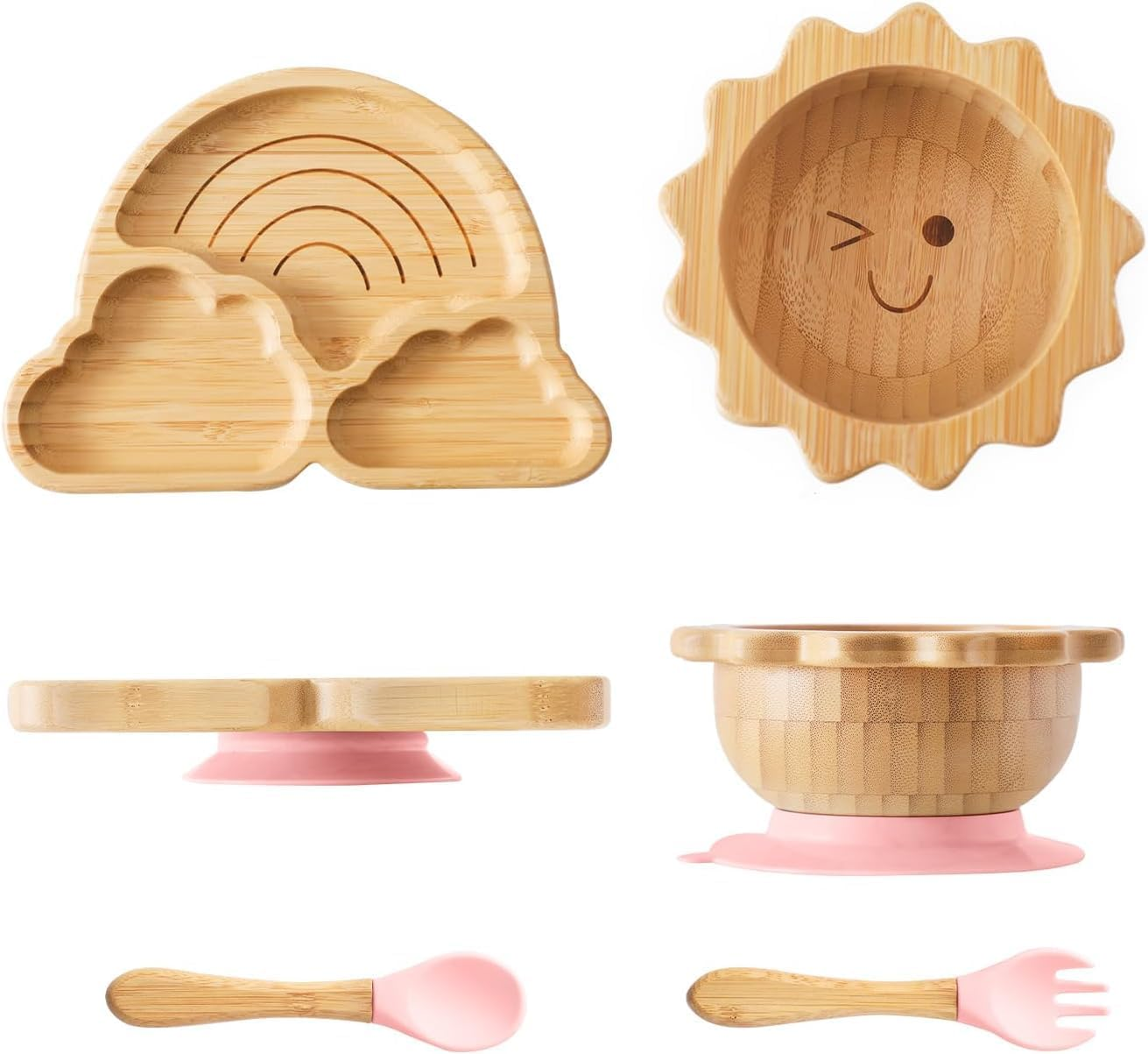 Bamboo Suction Plates Bowls Set for Baby Toddler Divided Platter Food Bowl with Silicone Fork & Spoon All-Natural Kids Feeding Set for Baby-Led Weaning, Non-Slip Design