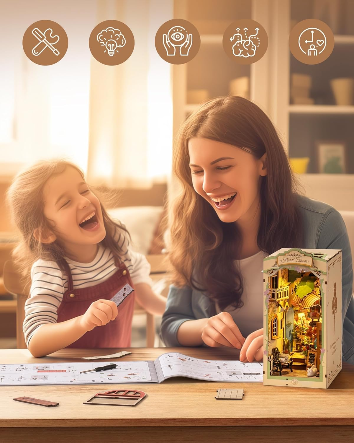 Rolife DIY Book Nook Kits for Adults, Miniature Dollhouse Booknook Kit for Home Room Decor, 3D Wooden Puzzle with LED, Flower Corner Creative Bookends Bookshelf Diorama Insert