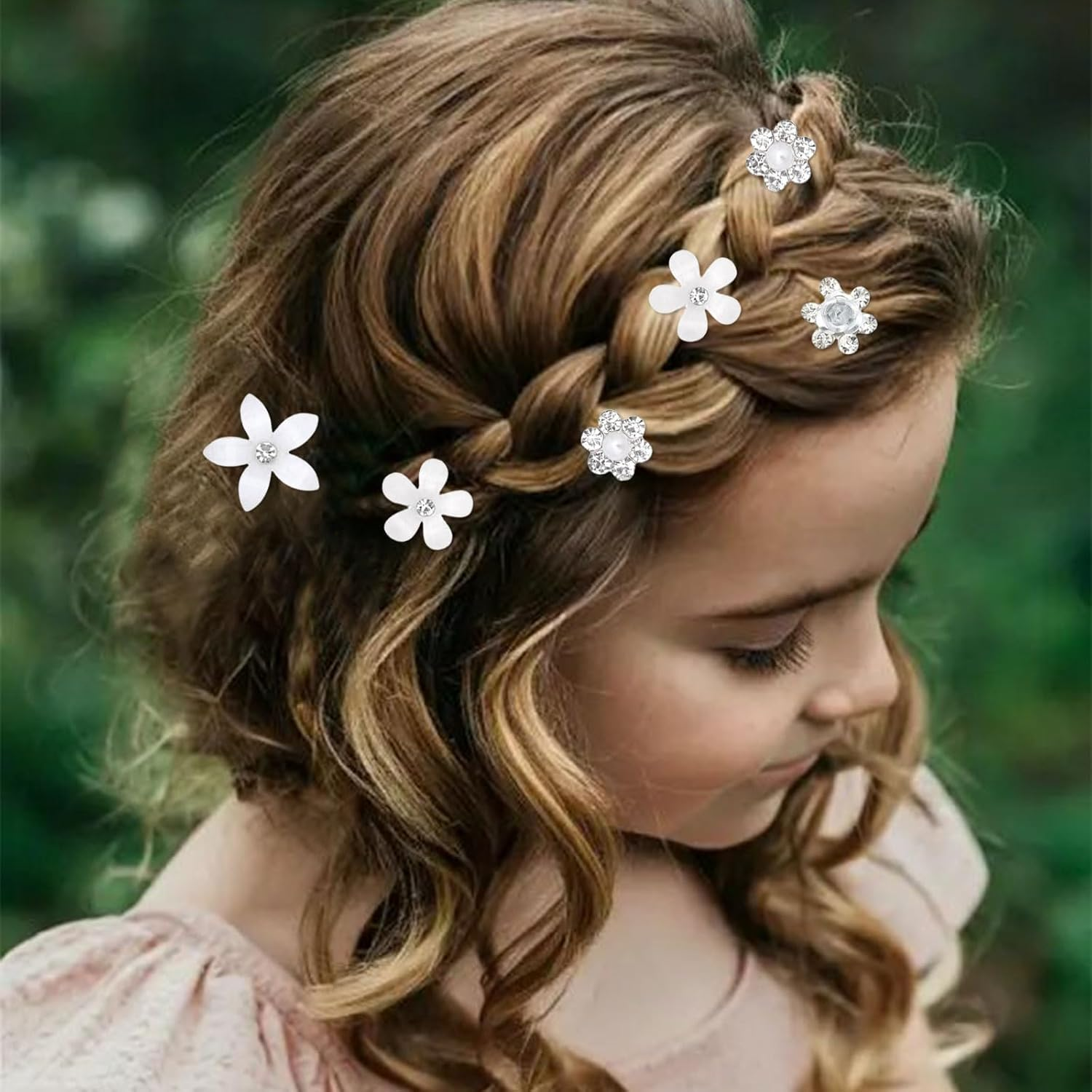 Mezrkuwr 20 Pieces White Small Flower Hair Clips Mini Rhinestone Metal Hair Pins for Women Bridal Flower Girl Wedding Hair Clips Hair Accessories for Girls and Women image number 6